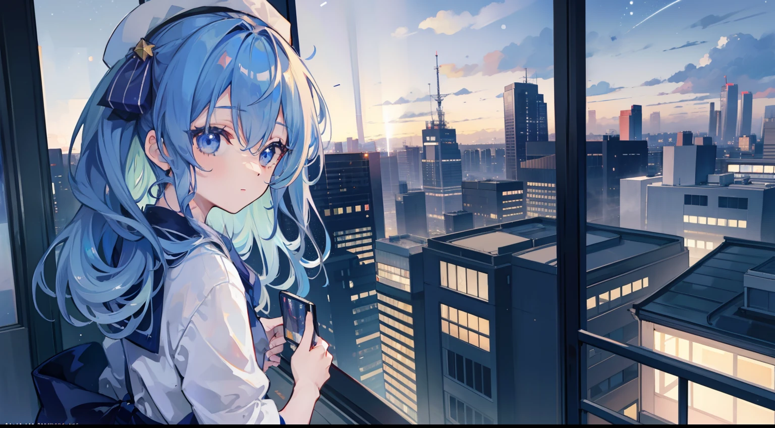Faraway view、1girl, Hoshigai Suisei、masterpiece、top-quality、A Ray of Shooting Star、nighttime scene、skyscraper、On the roof of a high-rise building、
