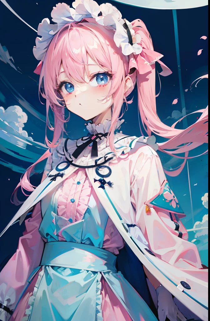light pink colored hair，Powder-blue pupils，Pink and blue maid outfits，Fair and flawless sweet loli girl