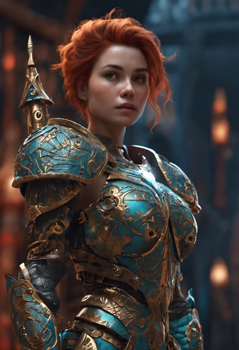 a detailed warrior girl with giant armor full of details and ornaments,beautiful girl with very short hair
