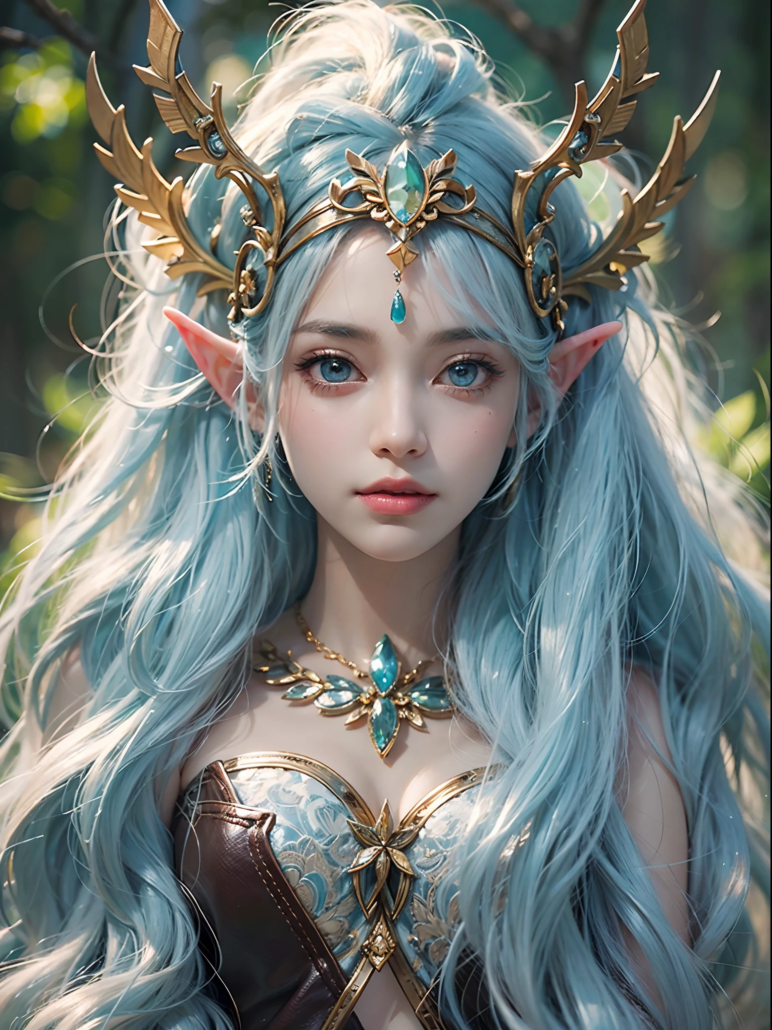 Elf Princess,ln the forest,Platinum hair accessories,(Photorealistic:1.4), (Masterpiece, side-lighting, fine detailed beautiful eyes: 1.2), Masterpiece*Portrait, Realistic, The face is delicate, Glowing eyes, Shiny hair, Shiny real skin, Solo, embarressed, (midriff),(super-fine),Detailed pubic hair,Accurate,(Works of masters),(best qualtiy),8K分辨率,A half body,dynamic viewing angle,sky-bluehair