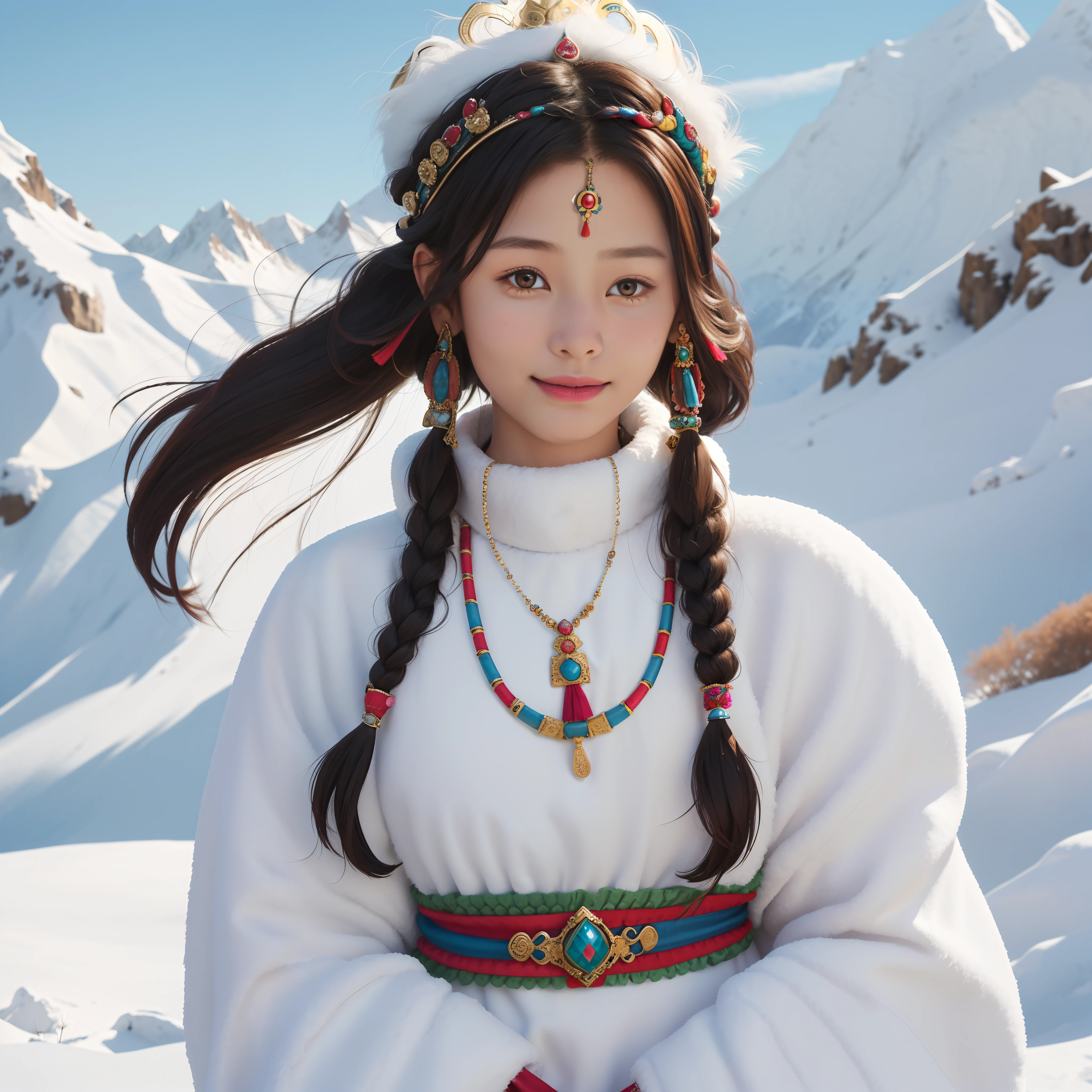 A girl, long braids, Tibetan girl, close-up, slightly raised, smile, left and right body photos, upper body, front photo, Tibetan clothing, colorful clothing, clothes with fluff, white fluff, high-end Tibetan clothing, cumbersome Tibetan clothing design, cold clothing, winter clothing, appearance Yang transcendence, round face shape, gorgeous Tibetan clothing, cumbersome Tibetan necklace, cumbersome Tibetan headdress, colorful headband, real person CG, sweet style, film style, HD 4K, photography effect, studio effect, white halo, Mythical wind, snowfield background, character core, picture ratio 16:9, mask fresh.