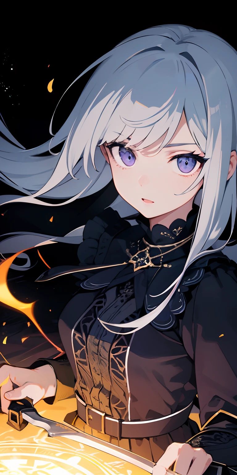Masterpiece, Best quality, (Extremely detailed Cg Unity 8K wallpaper, Masterpiece, Best quality, Ultra-detailed, Best shadow), (Detailed background), (Beautiful detailed face, Beautiful detailed eyes), High contrast, (Best illumination, An extremely delicate and beautiful),1girll,((colourful paint splashes on transparent background, Dulux,)), ((coustics)), Dynamic Angle,beautiful detailed glow,full bodyesbian, Cowboy shot, Colorful, 1girll, White hair, Purple eyes, dual wielding, sword, holdingsword, blue flame, Glow, glowing weapon, Light particles, the wallpaper, color difference, (Detailed background,Dark fantasy), (Beautiful detailed face), High contrast, (Best illumination, An extremely delicate and beautiful), ((Cinematic light)), Colorful, hyper-detailing, Dramaticlight, Intricate details, Depth of field,Black light particles,(Broken glass),Magical Circle,