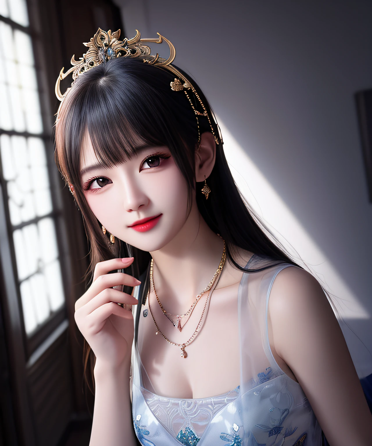 Best Quality, Masterpiece, Hi-Res, One Girl, Cheongsam, Headwear, Necklace, Jewelry, Beautiful Face, upon_body, Tyndall Effect, Photorealistic, Dark Studio, Rim Lighting, Two-Tone Lighting, (High Definition Skin: 1.2), 8k uhd, dslr, soft lighting, high quality, volumetric lighting, candid, photography, high resolution, 4k, 8k, bokeh,