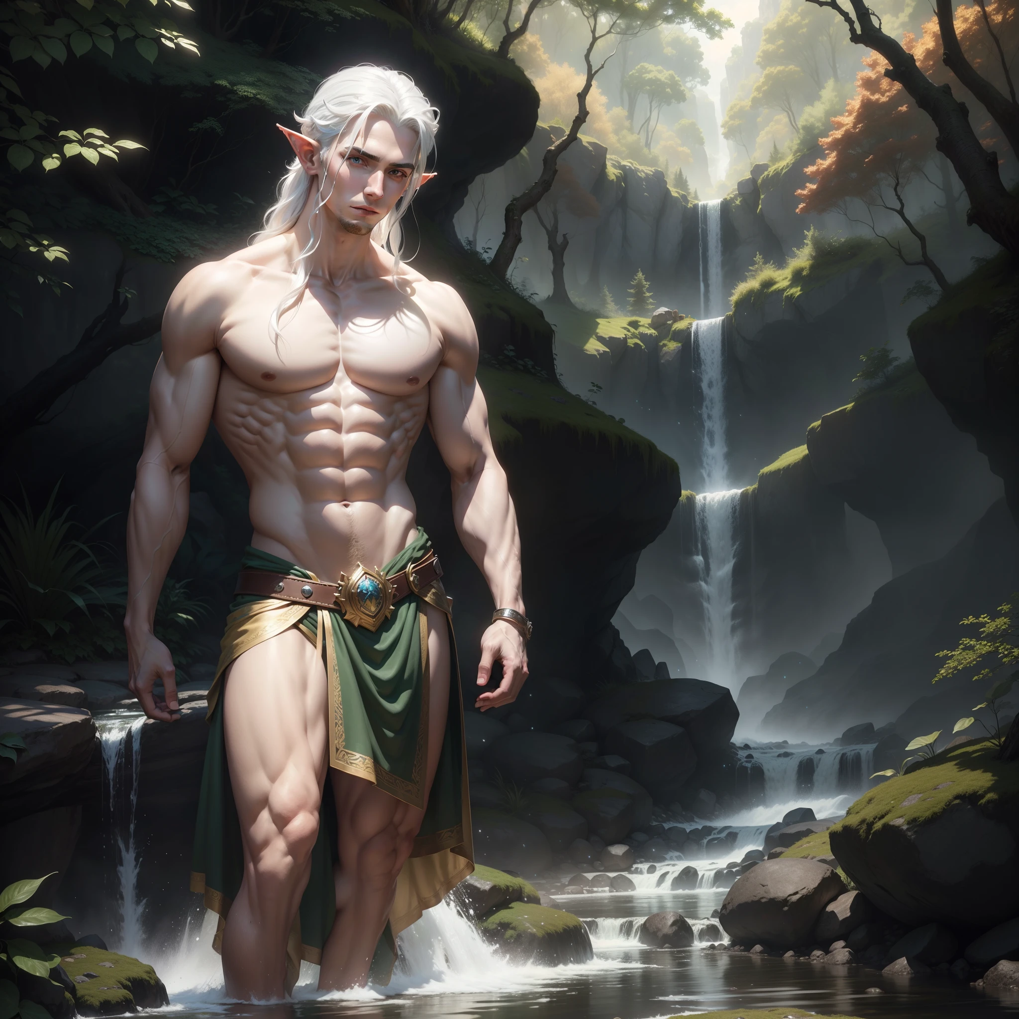 Handsome and dashing elf man, Wearing a Roman belt, Shirtless, White hair, Elf Al, Play with the waterfall, In a forest, perfect lights, a magical forest, Perfectly drawn, high-definition photograph, photograph realistic, Extremely detailed picture, 4K quality,There are 3 of them