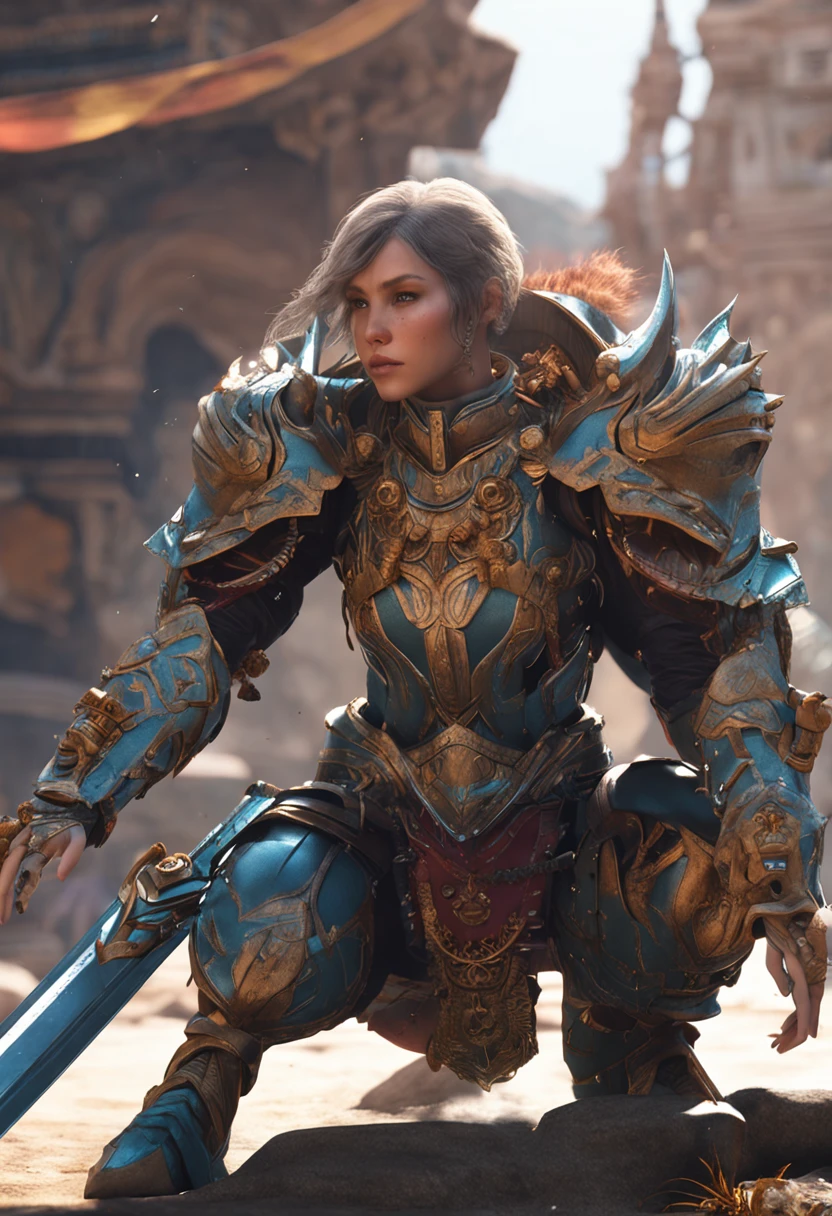 a detailed warrior girl with giant armor full of details and ornaments,beautiful girl with very short hair