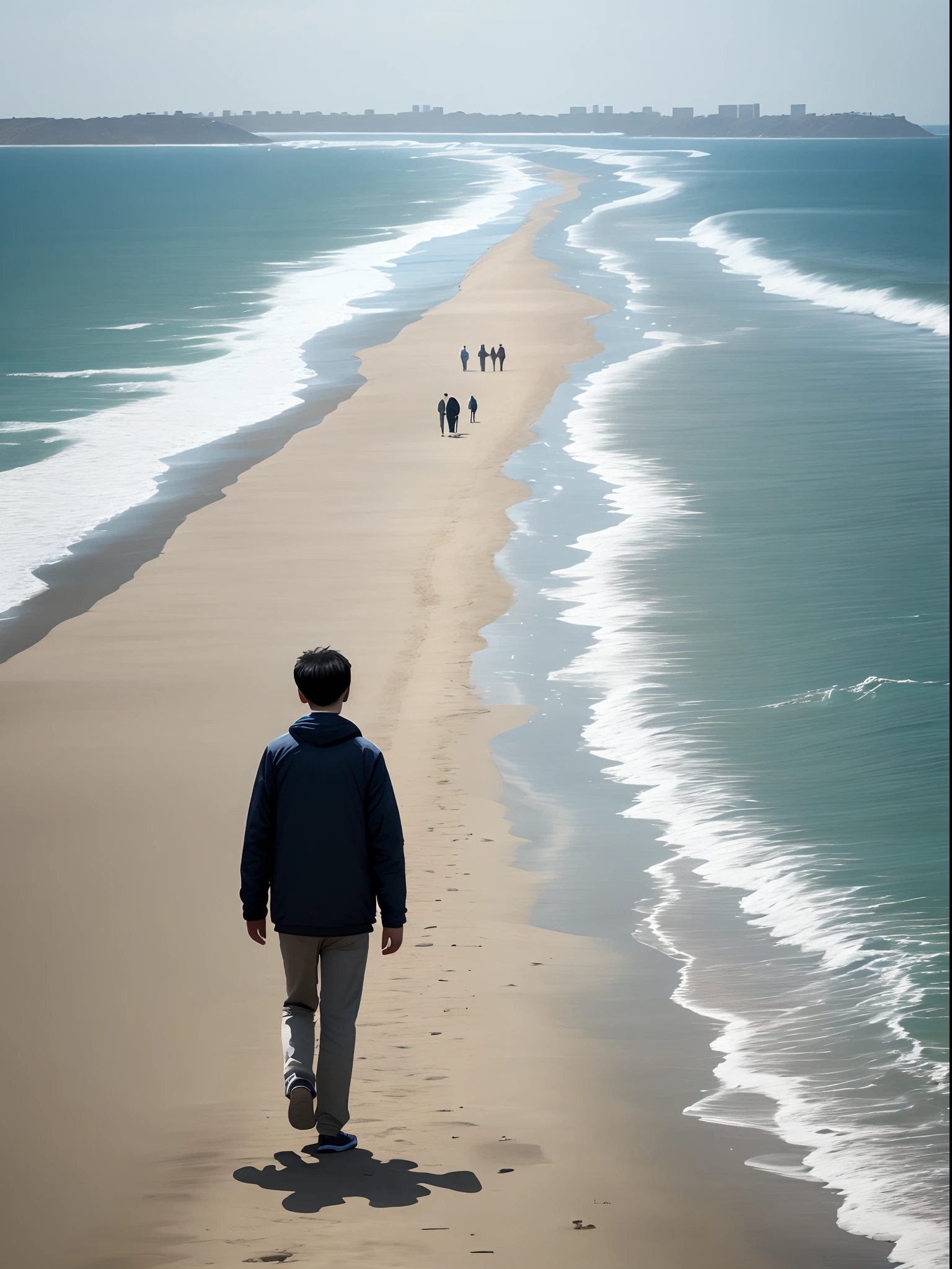 One person with his back to the audience，In close proximity，Walk on the beach，Opposite a large area of the sea。The back occupies one-third of the picture。