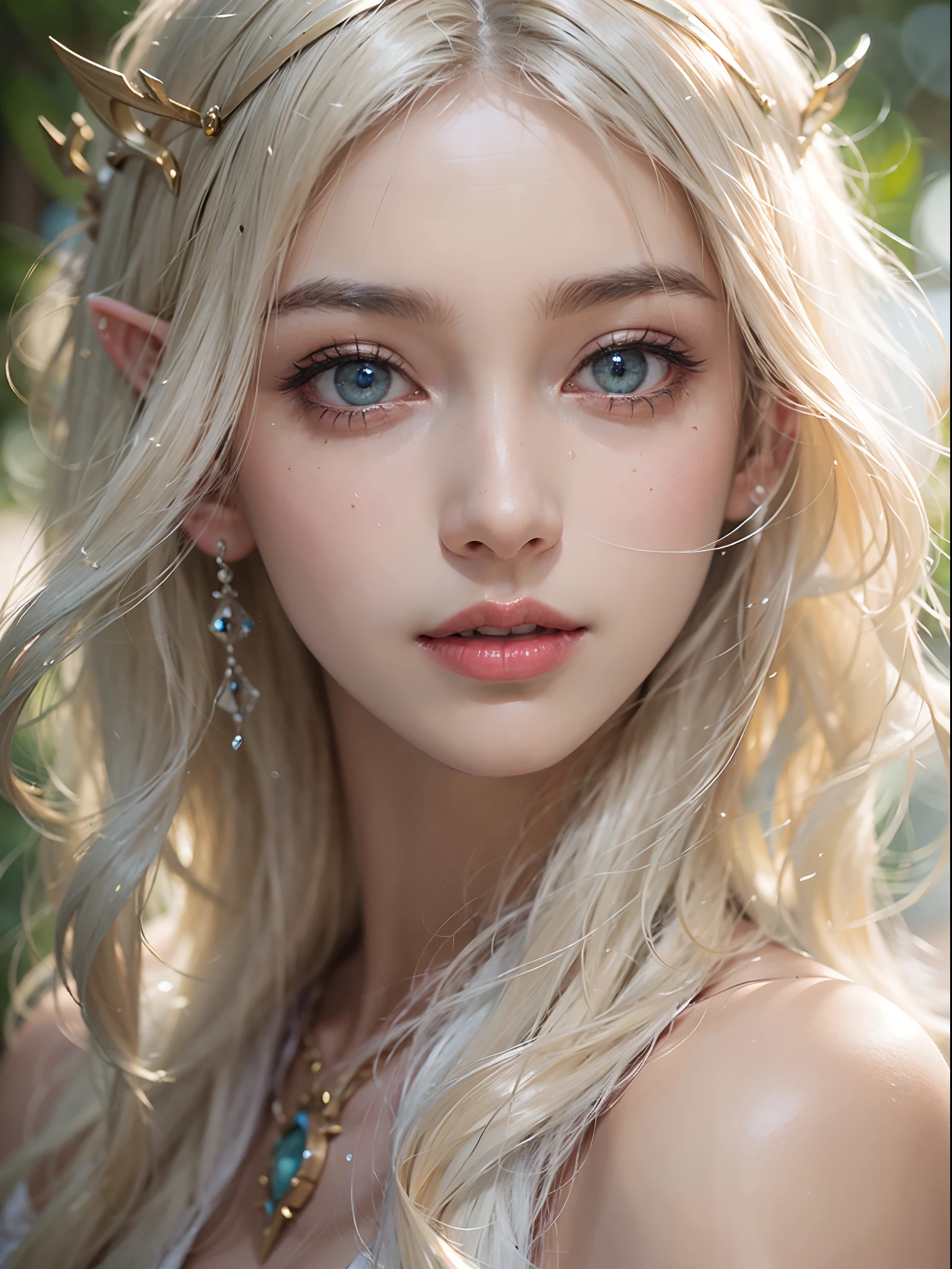 ((masterpiece)), ((best quality)), (ultra-detailed), ((kawaii)), cute, (lovely), (sexy), ((extremely detailed)), 4K, (8K), best quality, (beautiful), photorealistic, ageless elf, a cute girl, solo, sweat, blush, narrow eyes, open mouth, mage, enchanted grove, ancient wisdom, mystical power, nature, magic, flowing garments, glowing staff, serene presence, beautiful silver hair, (beautiful hair), beautiful blue eyes, (beautiful eyes), cinematic lighting, natural light, soft shadows,