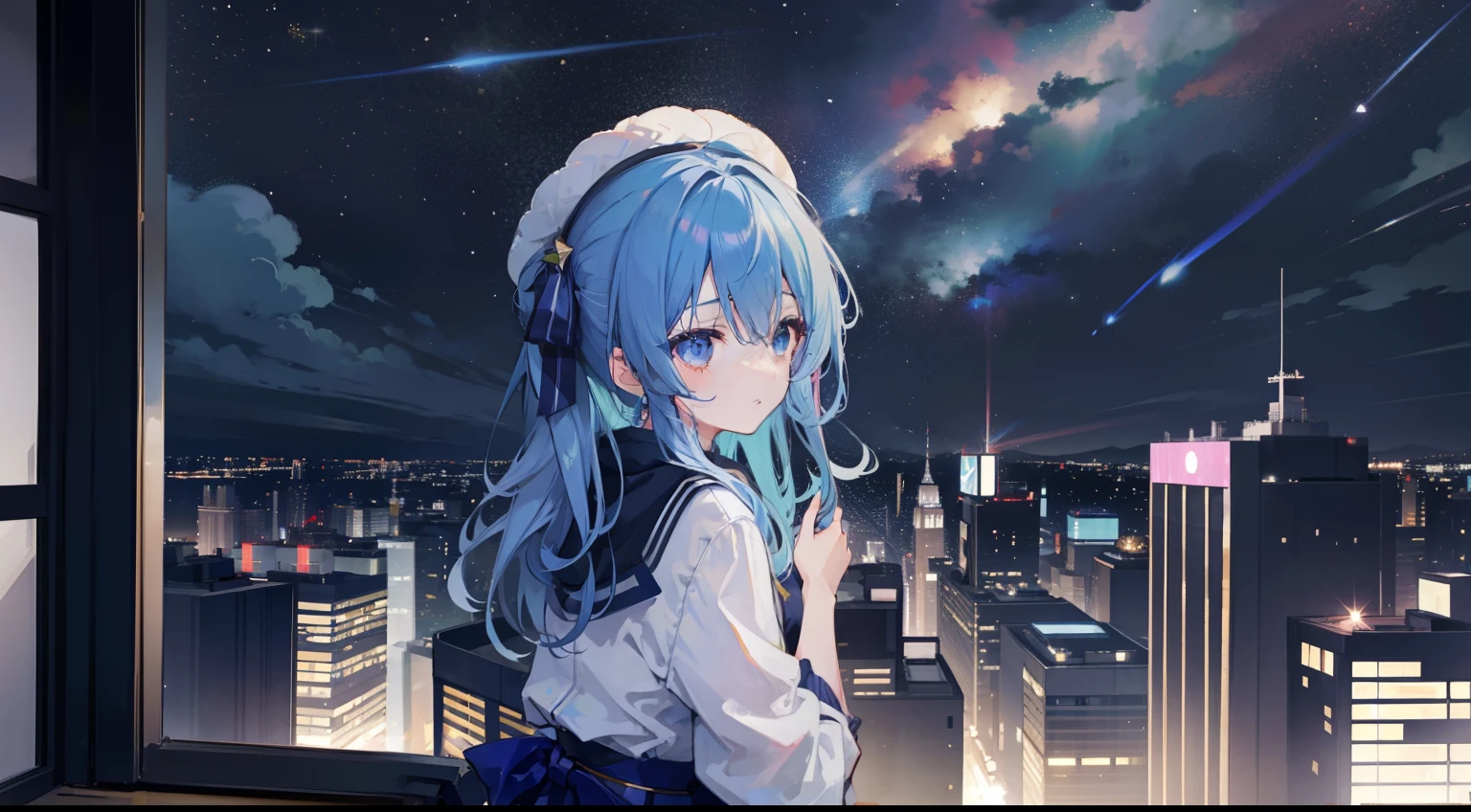 Faraway view、1girl, Hoshigai Suisei、masterpiece、top-quality、A Ray of Shooting Star、nighttime scene、skyscraper、On the roof of a high-rise building、