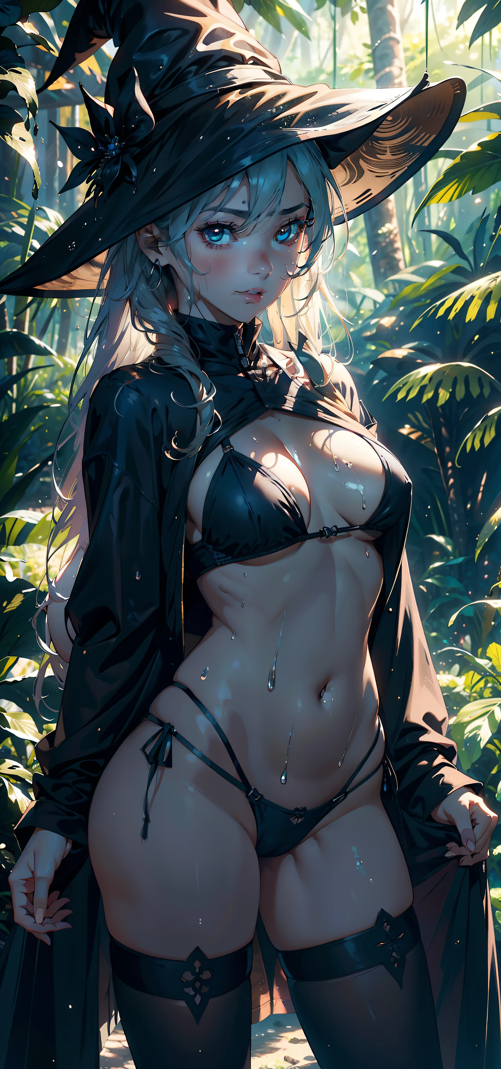 1female,,bit girl,smallunderboob ,nice hand,Pornographic exposure, 独奏,(Background with:ln the forest,the rainforest,in summer,Water on the ground,exteriors) ,Stride,Sweat profusely,drenched all over the body,seen from the front,blond straight hair , mostly cloudy sky,(((tmasterpiece),(Very detailed CG unity 8K wallpaper),best qualtiy,cinmatic lighting,detailed back ground,beatiful detailed eyes,Bright pupils,(Very fine and beautiful),(Beautiful and detailed eye description),ultra - detailed,tmasterpiece,)),face to the viewer,frontage,A high resolution,ultra - detailed)nakeness,Wipe off panties,revealing breasts,Bare genitalia, Bulge,Camel toes,Raised sexy,Lewd expression,Flushed complexion,Open-mouthed,frontage,Witch hat(Wearing:robe,Pantyhose)ssmile