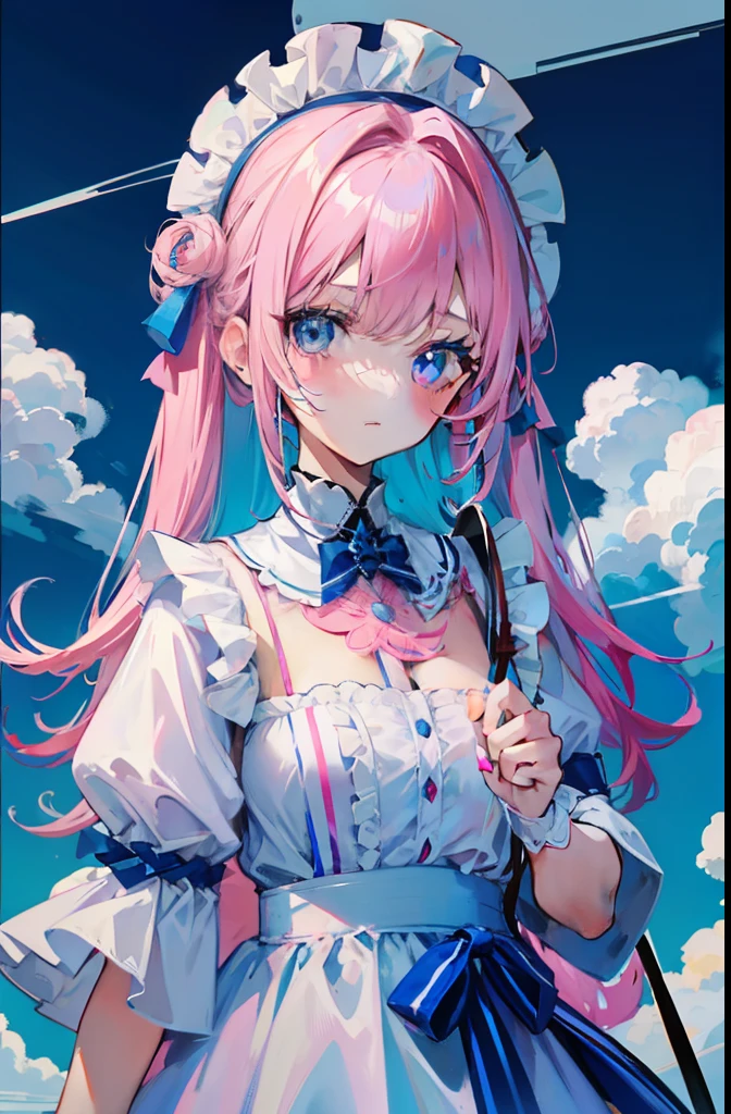 light pink colored hair,Powder-blue pupils,Wear pink and blue maid outfits,Sweet girl with pure white
