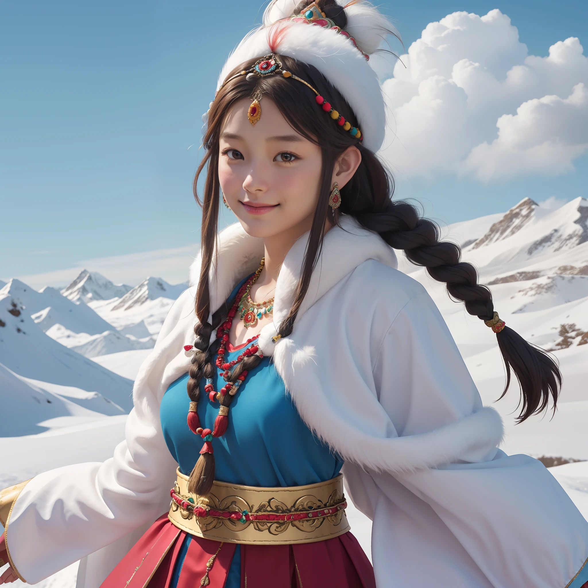 A girl, long braids, Tibetan girl, close-up, slightly raised, smile, left and right body photos, upper body, front photo, Tibetan clothing, colorful clothing, clothes with fluff, white fluff, high-end Tibetan clothing, cumbersome Tibetan clothing design, cold clothing, winter clothing, appearance Yang transcendence, round face shape, gorgeous Tibetan clothing, cumbersome Tibetan necklace, cumbersome Tibetan headdress, colorful headband, real person CG, sweet style, film style, HD 4K, photography effect, studio effect, white halo, Mythical wind, snowfield background, character core, picture ratio 16:9, mask fresh.