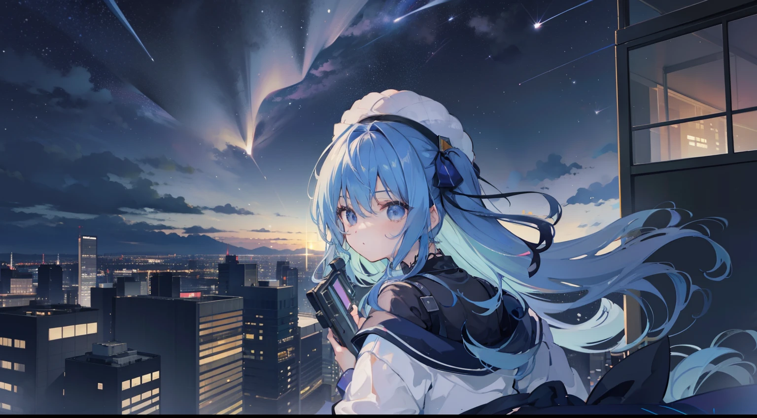 Faraway view、1girl, Hoshigai Suisei、masterpiece、top-quality、sniping、Aiming、A Ray of Shooting Star、nighttime scene、skyscraper、On the roof of a high-rise building、