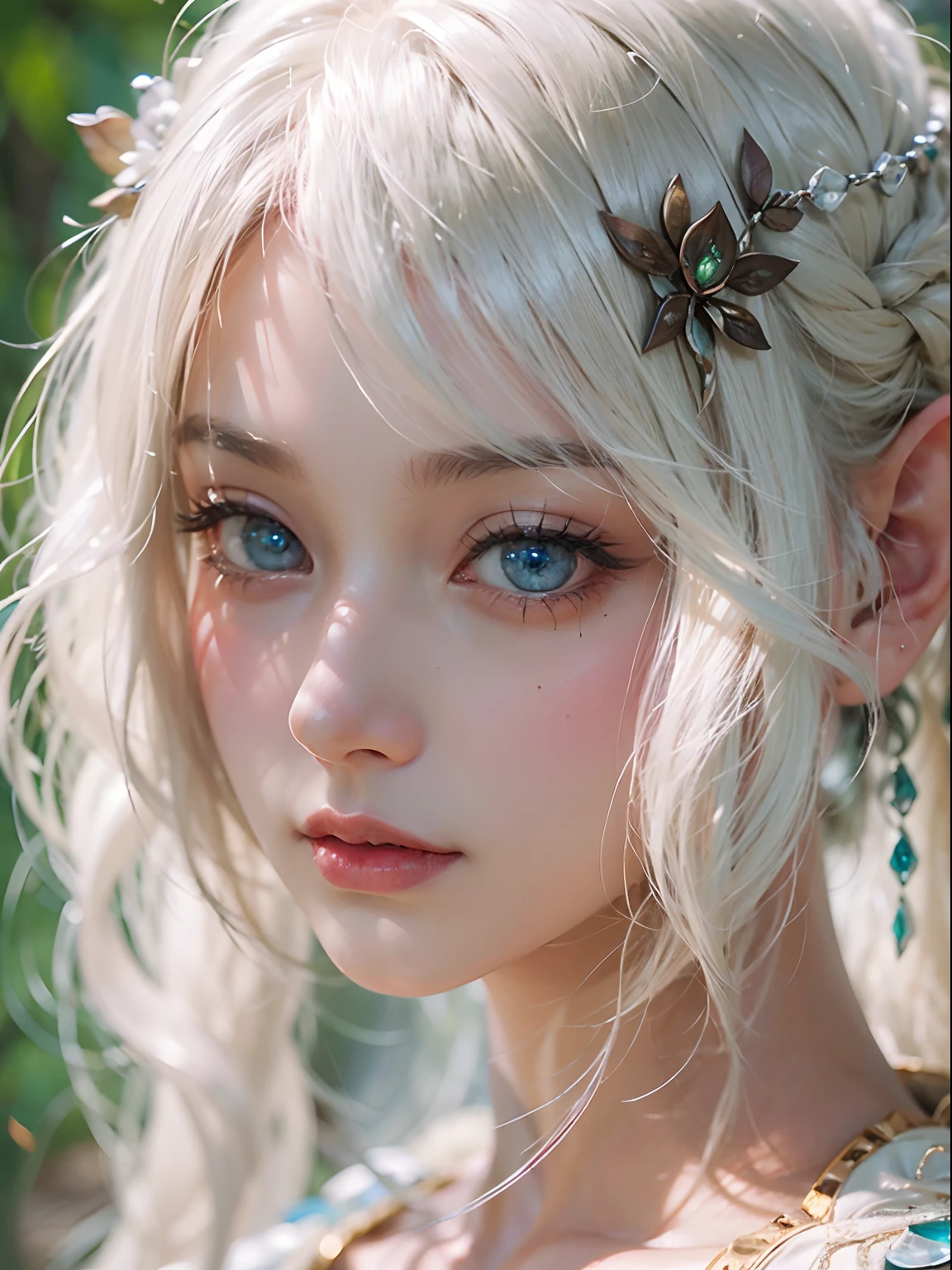 Elf Princess,ln the forest,Platinum hair accessories,(Photorealistic:1.4), (Masterpiece, side-lighting, fine detailed beautiful eyes: 1.2), Masterpiece*Portrait, Realistic, The face is delicate, Glowing eyes, Shiny hair, Shiny real skin, Solo, embarressed, (midriff),(super-fine),Detailed pubic hair,Accurate,(Works of masters),(best qualtiy),8K分辨率,A half body,dynamic viewing angle,with short black hair