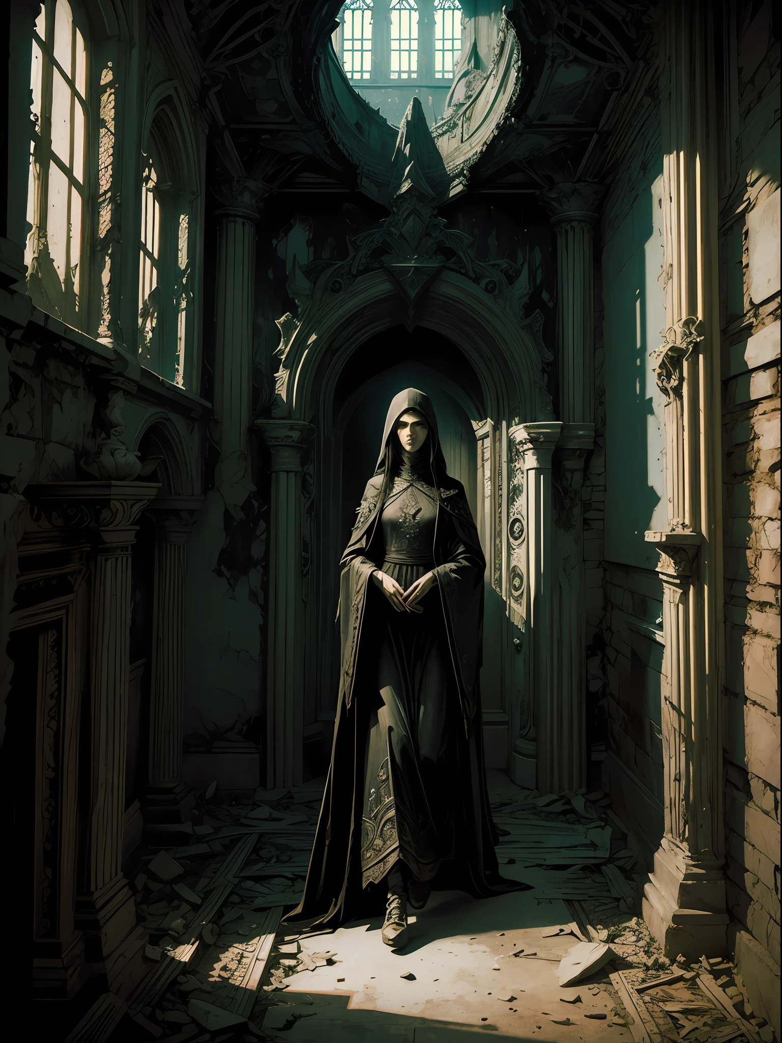 close up view of a (sks woman:1) walking inside an abandoned castle, horror, intricate details, high contrast, (artwork by Beksinski, methurlant),