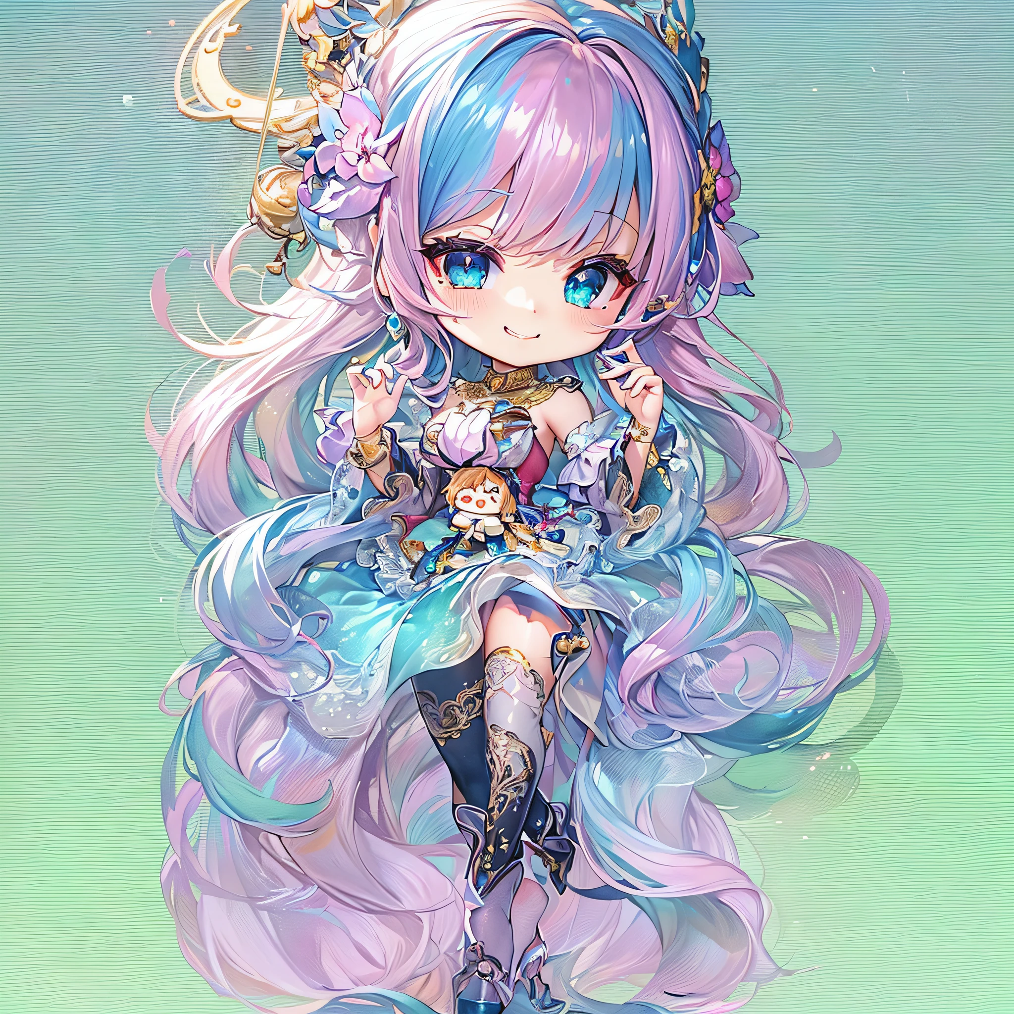 (Chibi:1.5)((masutepiece, of the highest quality, Watercolor art (Pendants), Beautiful and aesthetic: 1.2)), (Golden ratio: 1.2), (Full body: 1.2), (Super Detail: 1.3), (1 girl in: 1.3), (Fractal Art: 1.3), (Glitter Pupil)),(eye glass:1.5) ,(Iridescent hair, Colorful hair, Half light blue and half pink hair: 1.2)),  (Heterochromia), (Colorful: 1.5), (((Shy face)),  (full body Esbian), (Hyper-detailing), ((delicate detail)), (intricate-detail), ((Cinematic Light, Highest quality backlight)), High contrast, ((The best lighting, Very delicate and beautiful)), (( Cinematic Light)), (ray trace reflection, Glow), (((glowing aura)), ((Glowing hair)), ((Super Detail)), (8K)), ((a closeup)),  ((Seductive smile)) ,((FULL BODYSHOT))、(Chibi:1.5)