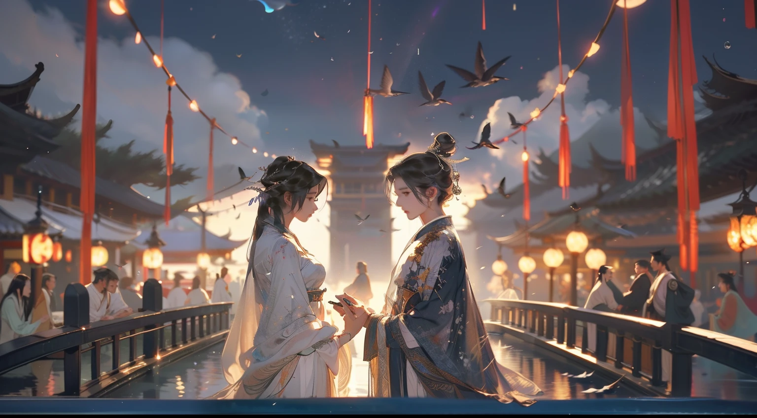 A handsome Chinese boy and a beautiful Chinese girl、(full bodyesbian)、(Look at each other),Gentle eyes,Clear clothing,Clear facial features,wearing a hanfu,standing on a bridge,Ten fingers interlocked,Pavilions,surrounded by cloud,The body is surrounded by white mist,There are magpies flying around,the night,Moon in the background,Holographic reality,holographic halo,dynamic blur,Game lighting effects,rim-light,Soft light,cinematic rim light,The light is delicate,Cinematic texture,4K