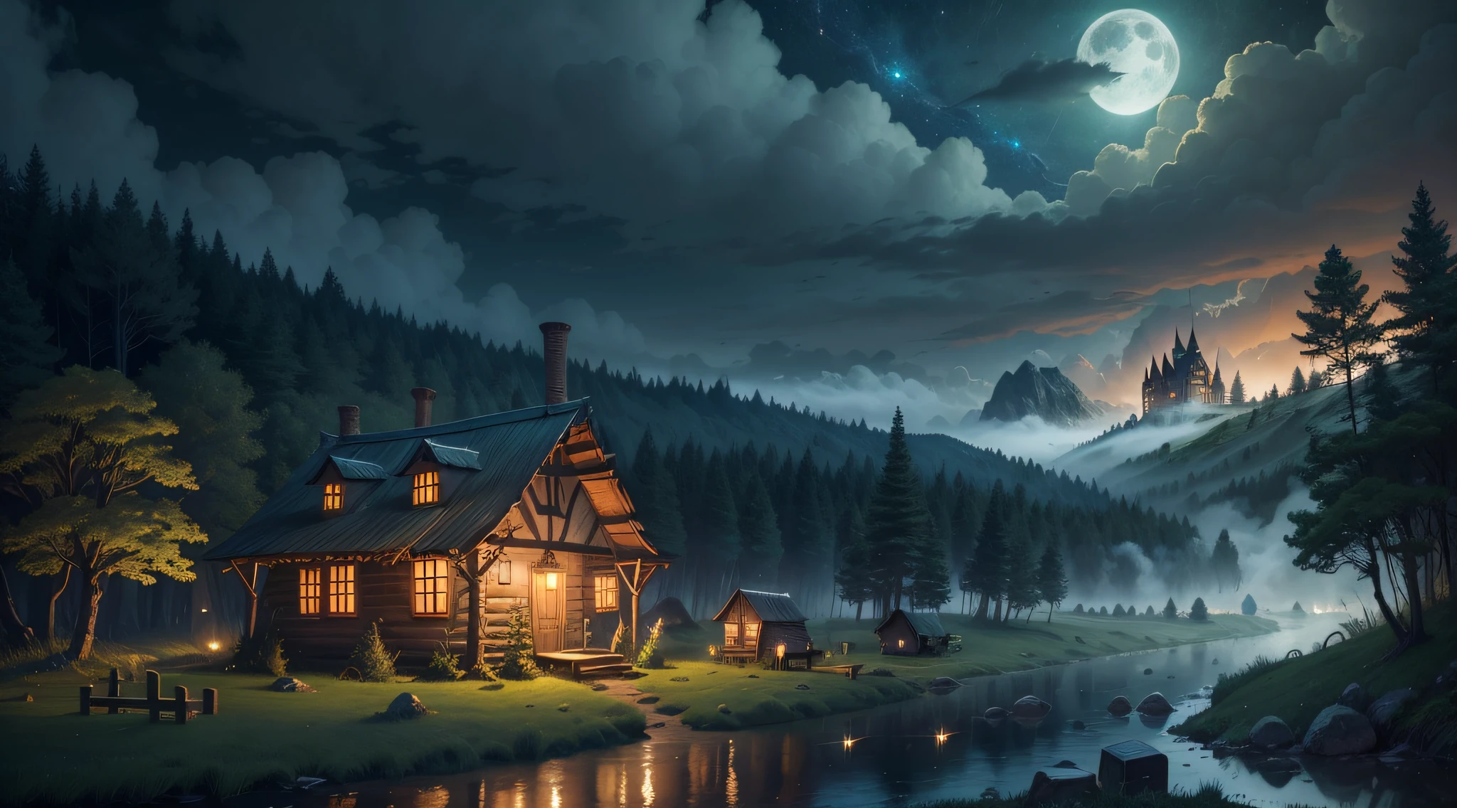 Wizard shack in a mystical forest, lush forest background, wooden shack with smoke coming out the chimney, nearby river with tall grass and fireflies, Bright moon with cloudy skies, wide angle shot, shot from the sky, fireflies, tall grass, big castle in the background