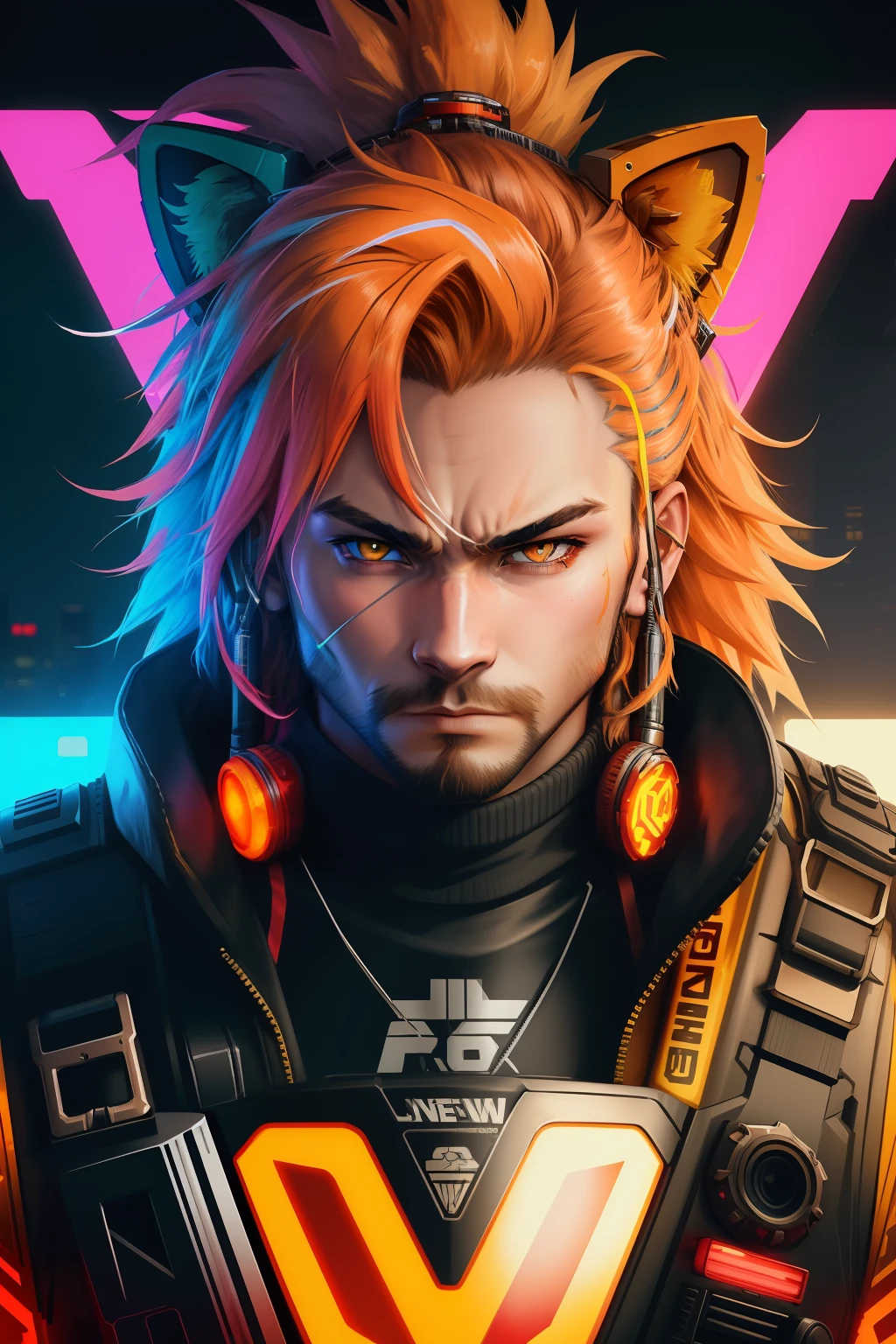 a close up of a poster of a lion head, lion face, gunner, gunbreaker, neonpunk, cyberpunk face, gungnir, gmunk, cyberpunk style color, cyberpunk futuristic neon, gunbroker, glitchpunk, cyberpunk soldier, cmyk portrait, in style of apex legends, cyberpunk gunma prefecture, cyberpunk vibrant colors, gunslinger, hardcore, strong enegry image, color cool,