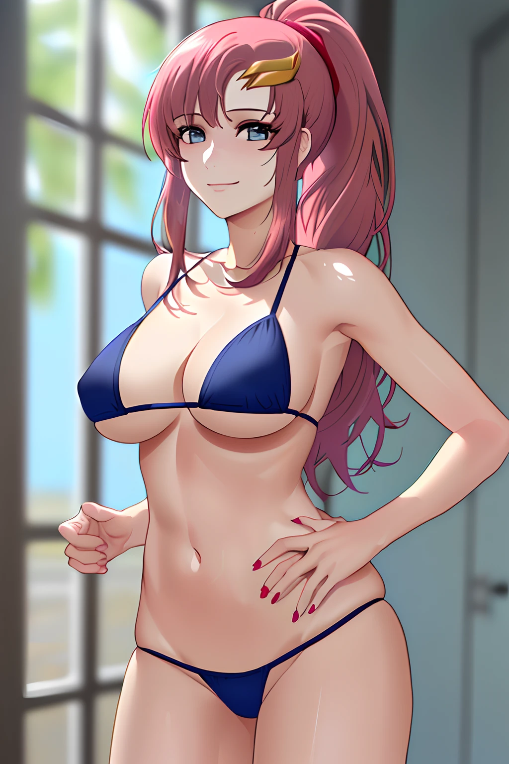 ((masterpiece, 2k, anime style:1.9, bold drawing lines), (adult woman, tall height, curvy:0.8)), (milf, plain, bare body, Lacus Clyne, ultra detailed body, ultra detail hair, ultra detail face), (WRESTLER, (hands on hips, less clothing, rough shadows, bare shoulders, beach, (soaked, soaked face, detailed shoulders, off-shoulders, polished nails, nice biceps, medium boobs), seductive, BLACK pattern bikini, no other clothes, cute smile), mature female, standing, milf, (curvy:0.8), solo, (very long hair, pink hair: 1.9, high ponytail, voluminous ponytail, white streaks, white locks), blue eyes, big breasts, flat belly, perfect eyes, anime eyes, smoky eyeliner, eyeshadow, perfect face, shy, sharp focus, professional artwork, intricate details, colorful, vibrant colors, vivid colors, digital blending, trending on pixiv, kind smile, happy, very hot colors, sunrays, leaning backward