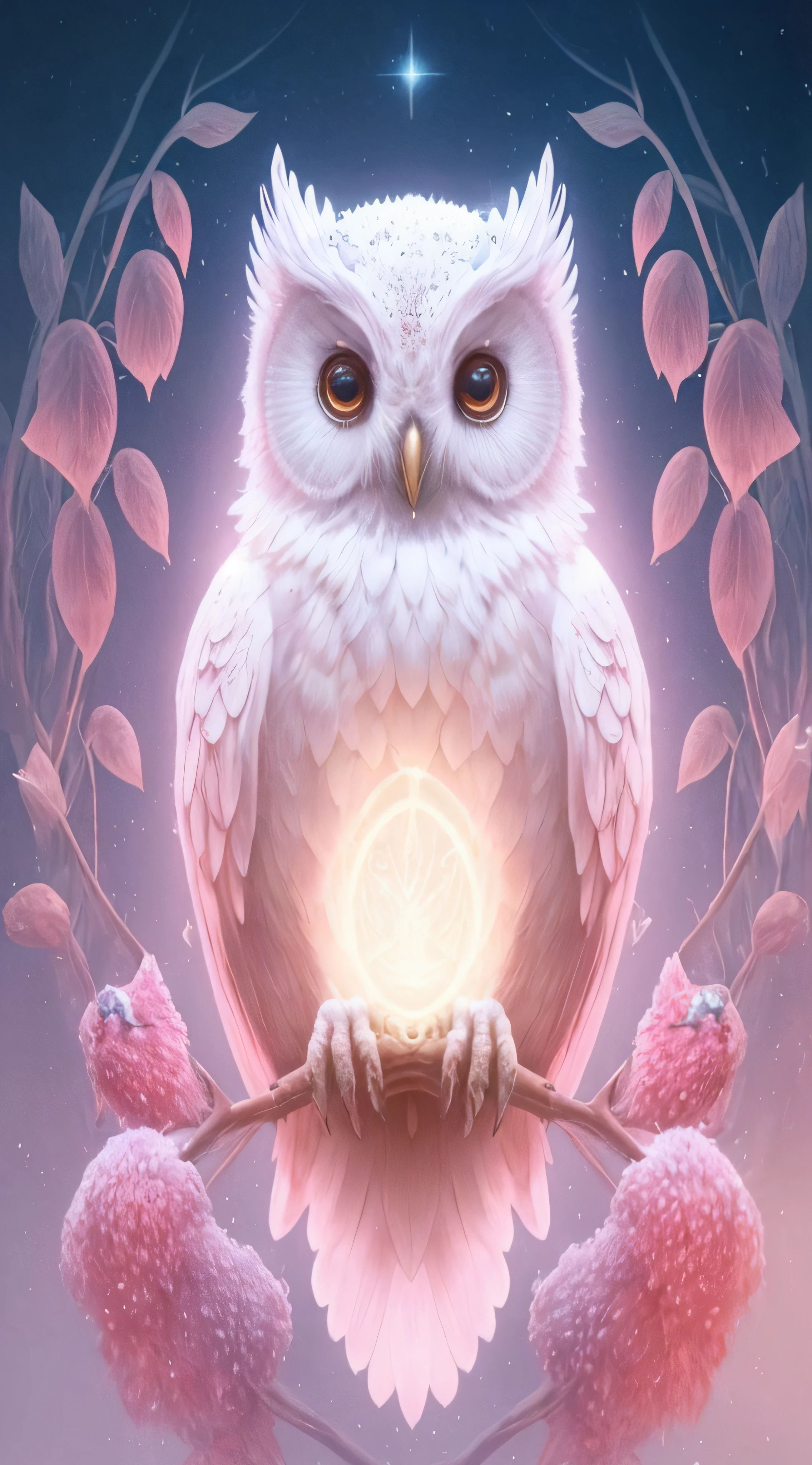 um close up de uma coruja branca sentada em um galho com flores, coruja branca brilhante, Coruja Radiante, coruja incandescente, assistente coruja, Corujas incandescentes, olhos brancos brilhantes, the wisest of all owls, coruja bonito, com uma coruja fofa fofa, lindos olhos brancos brilhantes, magical and mystical, alien owl, Deusa da sabedoria, Magical Glow, olhos brancos brilhantes, 4k com qualidade e detalhado