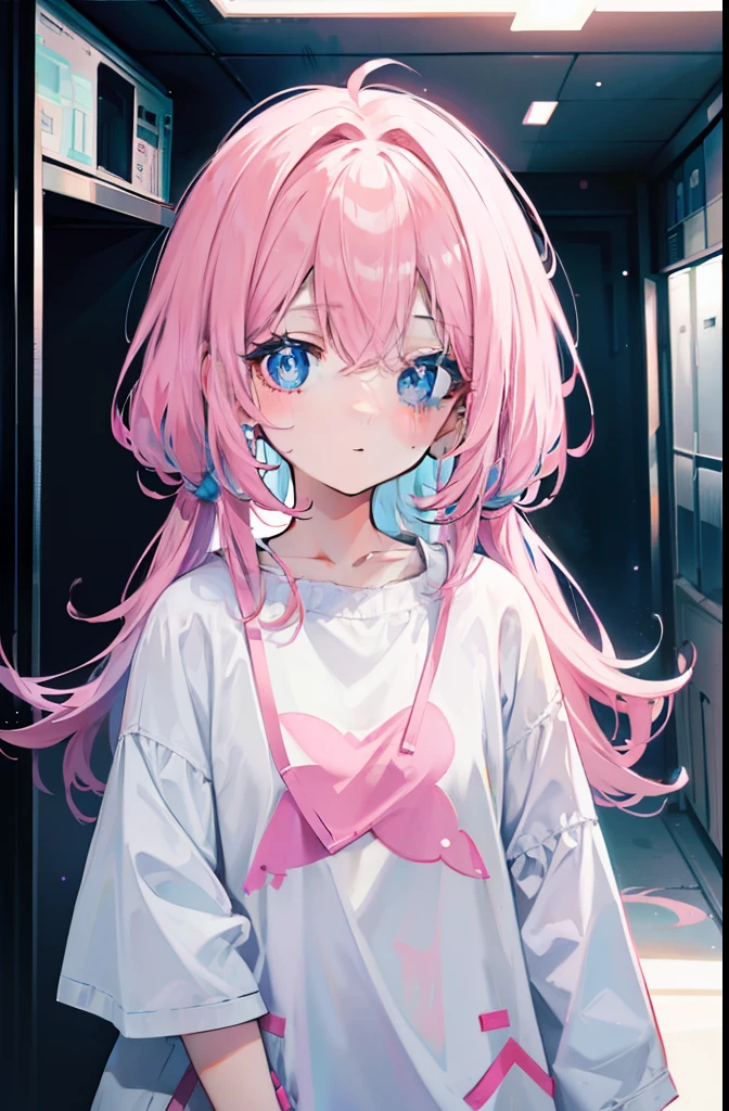 light pink colored hair，Powder-blue pupils，Wear pink and blue children's clothing，Pure white loli girl