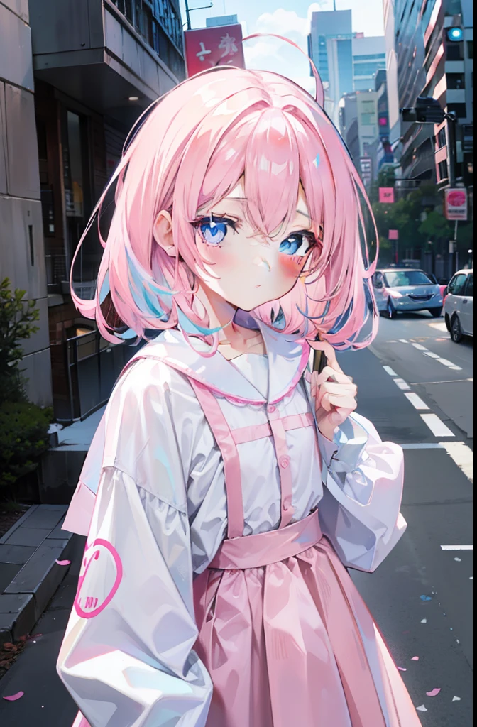 light pink colored hair,Powder-blue pupils,Wear pink and blue children's clothing,Pure white loli girl