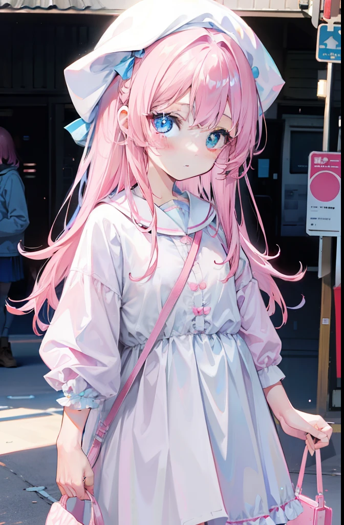 light pink colored hair,Powder-blue pupils,Wear pink and blue children's clothing,Pure white loli girl