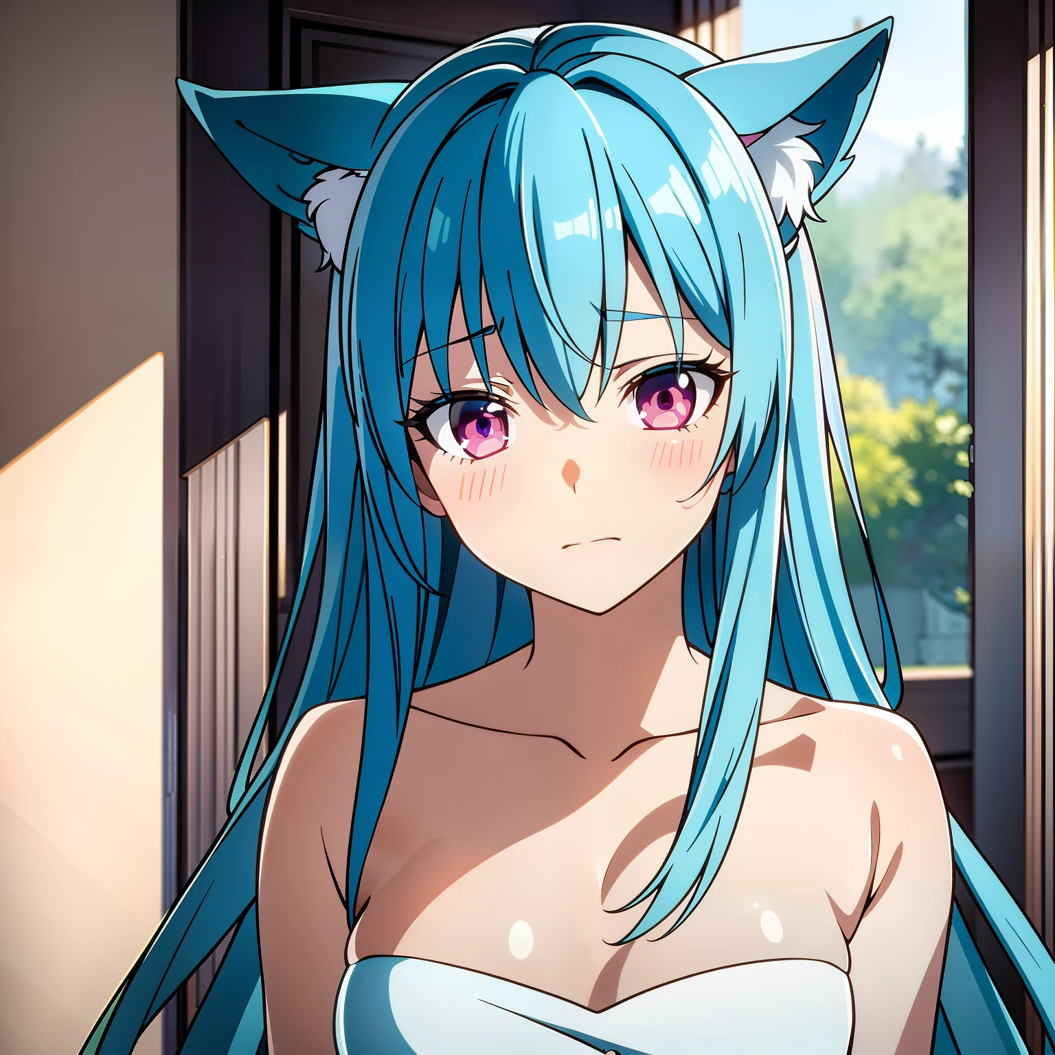 masterpiece, best quality, 8k, 1girl, solo, sexquisite hands, blue hair, blue fox ears, pink eyes, Left eye monocular eye mask, cute, puzzled