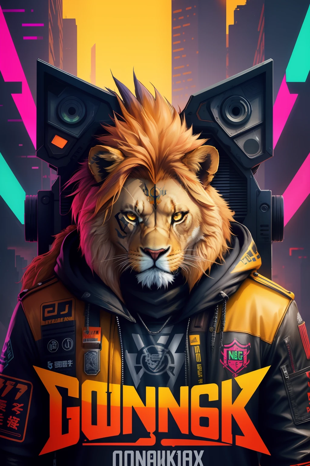 a poster of a lion head, lion face, gunner, gunbreaker, neonpunk, cyberpunk face, gungnir, gmunk, cyberpunk style color, cyberpunk futuristic neon, gunbroker, glitchpunk, cyberpunk soldier, cmyk portrait, in style of apex legends, cyberpunk gunma prefecture, cyberpunk vibrant colors, gunslinger, hardcore, strong enegry image, color cool,