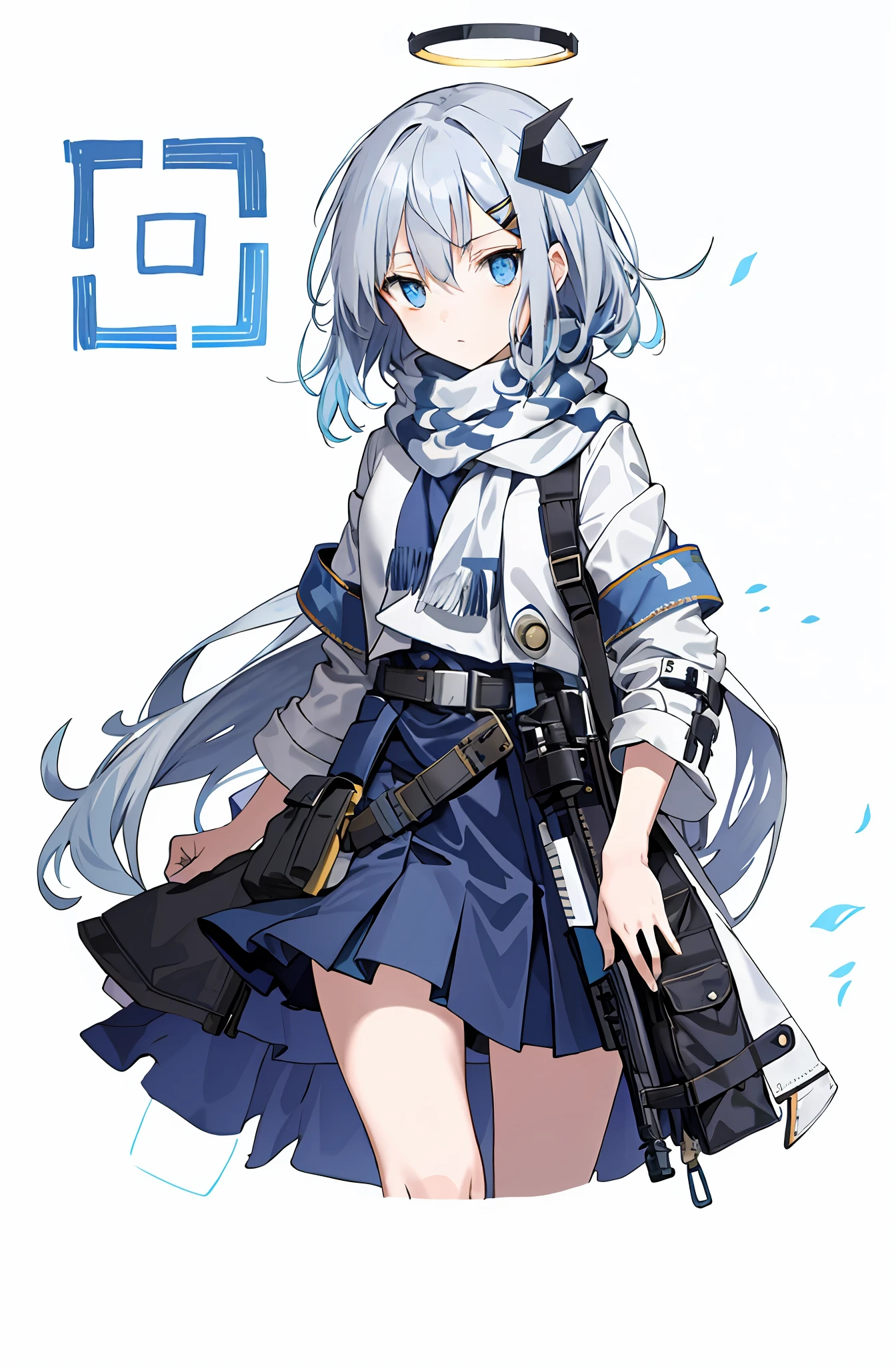,hair intakes,Expressionless,wind coat,Skirt,Scarf, mitts, leg belt, arm belt, hair pin, ,mitts ,whaite hair,Blue eyes,The halo