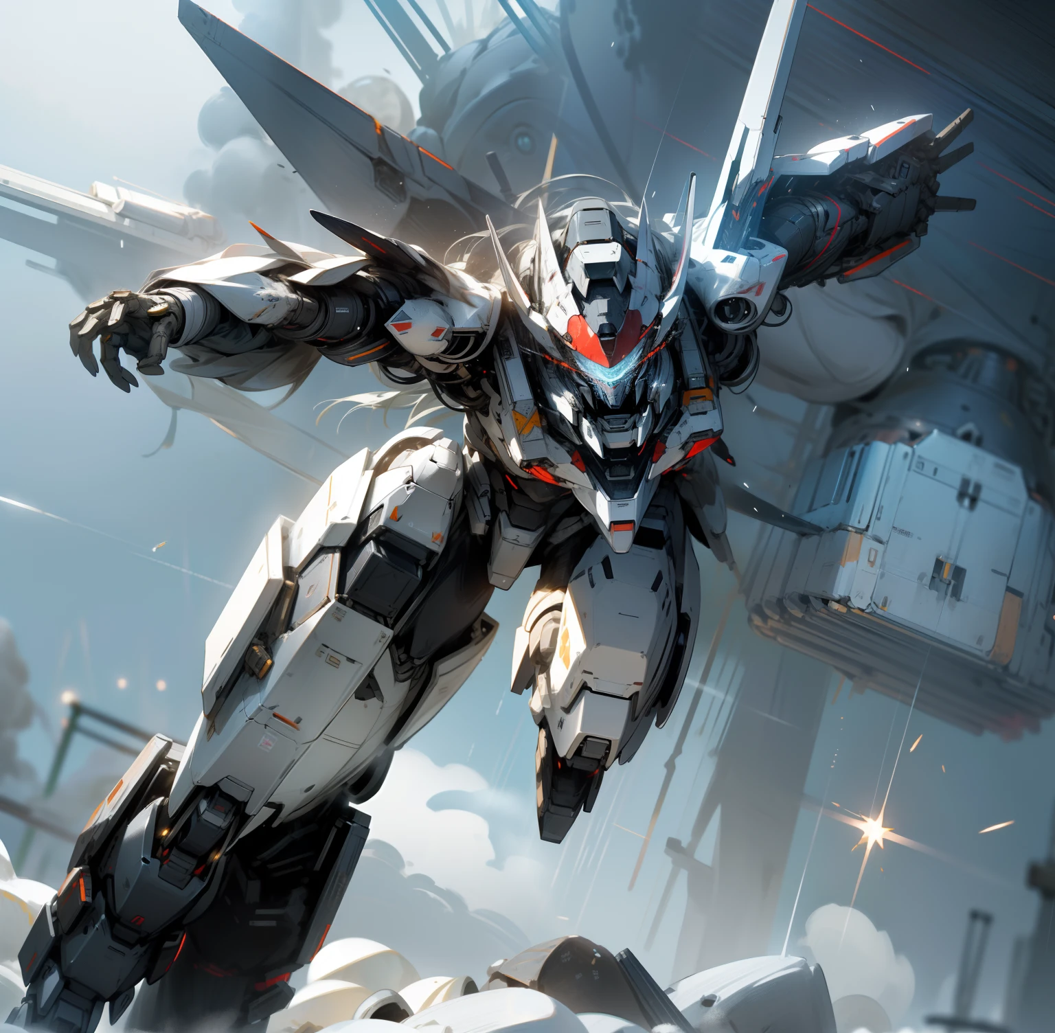 mechs,(Cold+cold shades),sense of science and technology,(Lunar crater+Sense of environment), (karo+blasts+Light+Bullet rain:1.2+nighttime scene), (Silver mech+white color mecha+Silver mech)