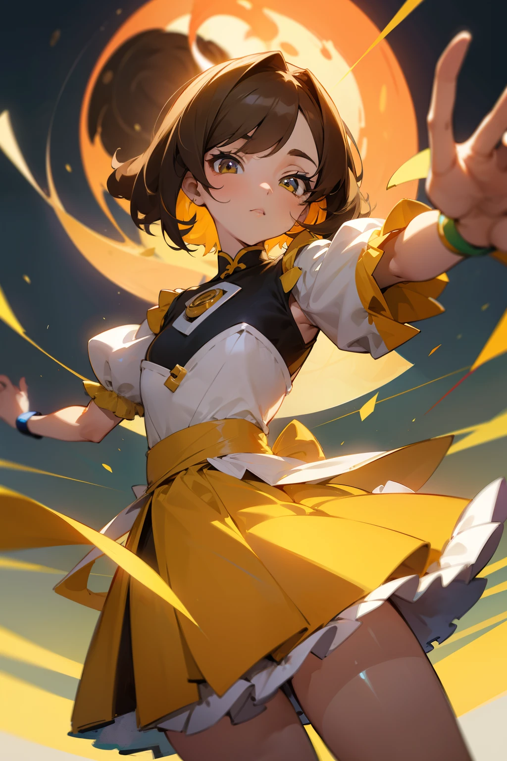 Chica anime, 1chica, short brown hair, ojos marrones hermosos, Cara perfecta, dynamic pose, Perfect ???????, cuerpo perfecto, 18yr old, Obra maestra, Full HD, 4k, Unique costume, varios colores, cuerpo completo, character design, Cute little girl, Buen estilo, perspectiva, linda perspectiva, buen dibujo, hermoso dibujo, SFW, colores llamativos, colores armoniosos,