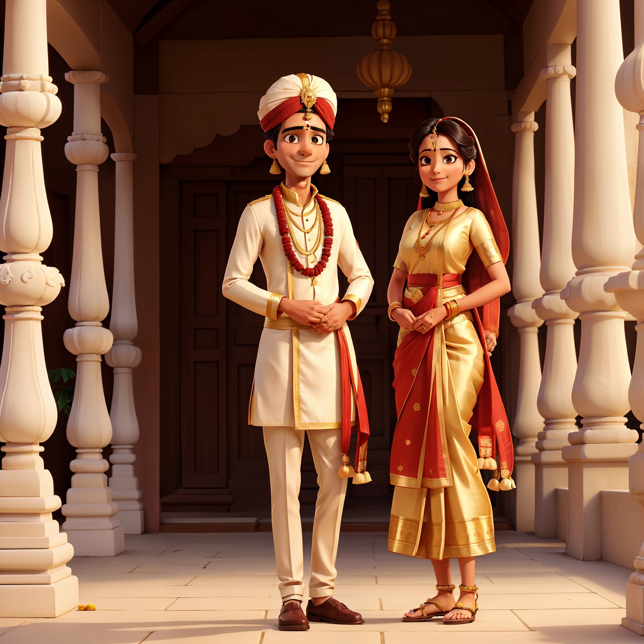 Man and woman couple in traditional South Indian wedding attire, standing in front of a beautiful Hindu temple.