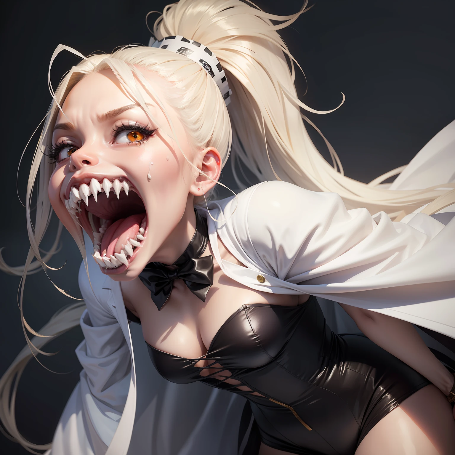 Halloween、fancy dress、large mouth、Split mouth、terrifying、terroral、Female figure、Wearing a white coat