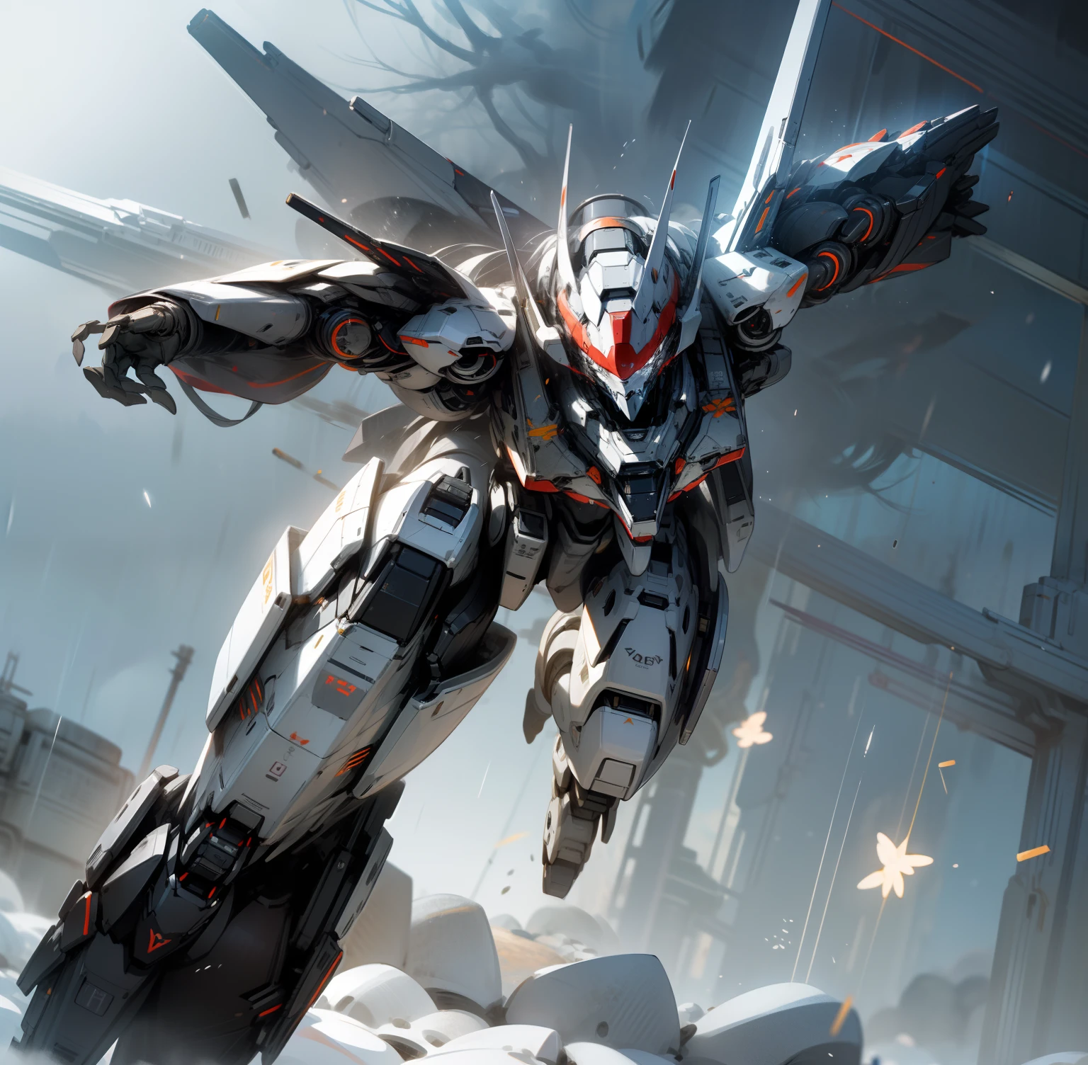 mechs,(Cold+cold shades),sense of science and technology,(Lunar crater+Sense of environment), (karo+blasts+Light+Bullet rain:1.2+nighttime scene), (Silver mech+white color mecha+Silver mech)