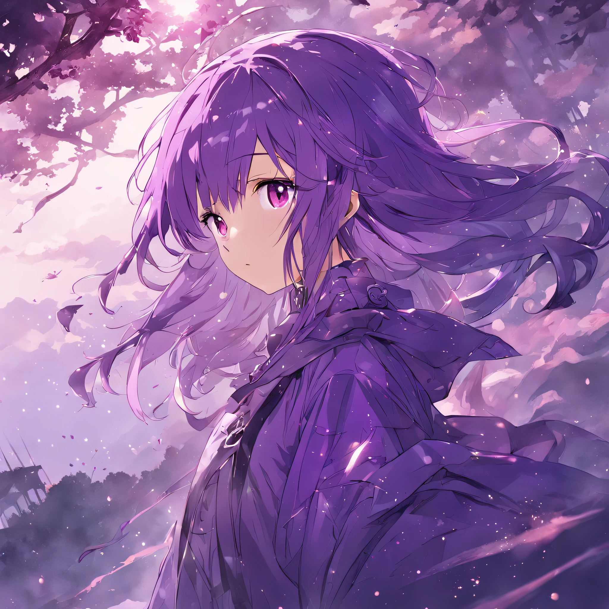 purple color  hair、The whole body is shown、Neutral face、Rich in color、Beautie、Wearing purple clothes、well-styled、Super beautiful、high-level image quality、Cool purple helmet、Being in the great outdoors、Hanging on a tree