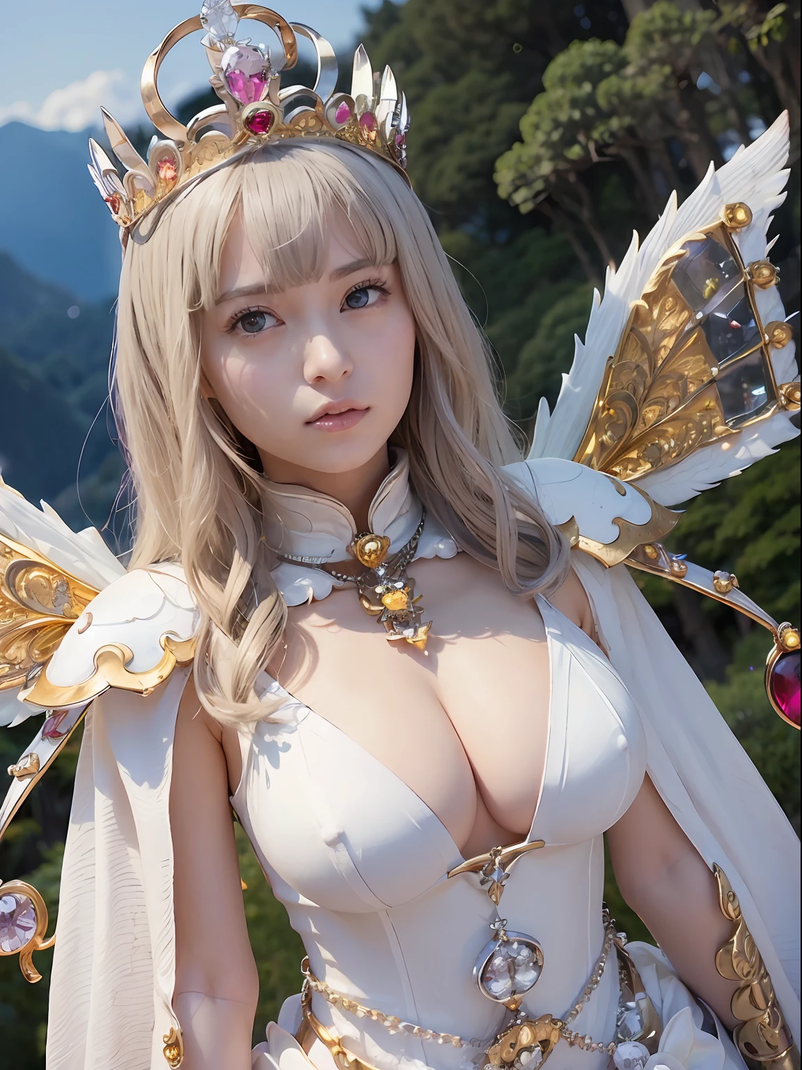 (masutepiece), Professional , masterpiece、top-quality、photos realistic , depth of fields (Gemstone Silver Metal Body:1.9),(Matte White、Jewel Gold Weapon、(Gorgeous castle background)、(ultimate beauty girl)、(Fairy wings grow on her back)、(Jewel Metal Body:1.9),Gorgeous Jewel Metal Weapons , Detailed Sword of the Brave ,( a blond) ,warhammer 40k , adepta sororitas,Detail and ornate jewel crown、独奏、Brown hair、(Gangle's forest background)、Beautiful Caucasian beauty、1a person、dynamic ungle,(((Diamond tiara with detail and luxury)))、a small face、Powerful poses、(Gorgeous castle background)、huge filesize、20 year old beautiful woman、Stand in the center of the screen、Thin female fingers、Straight long hair、Beautiful Caucasian beauty、cleavage of the breast、