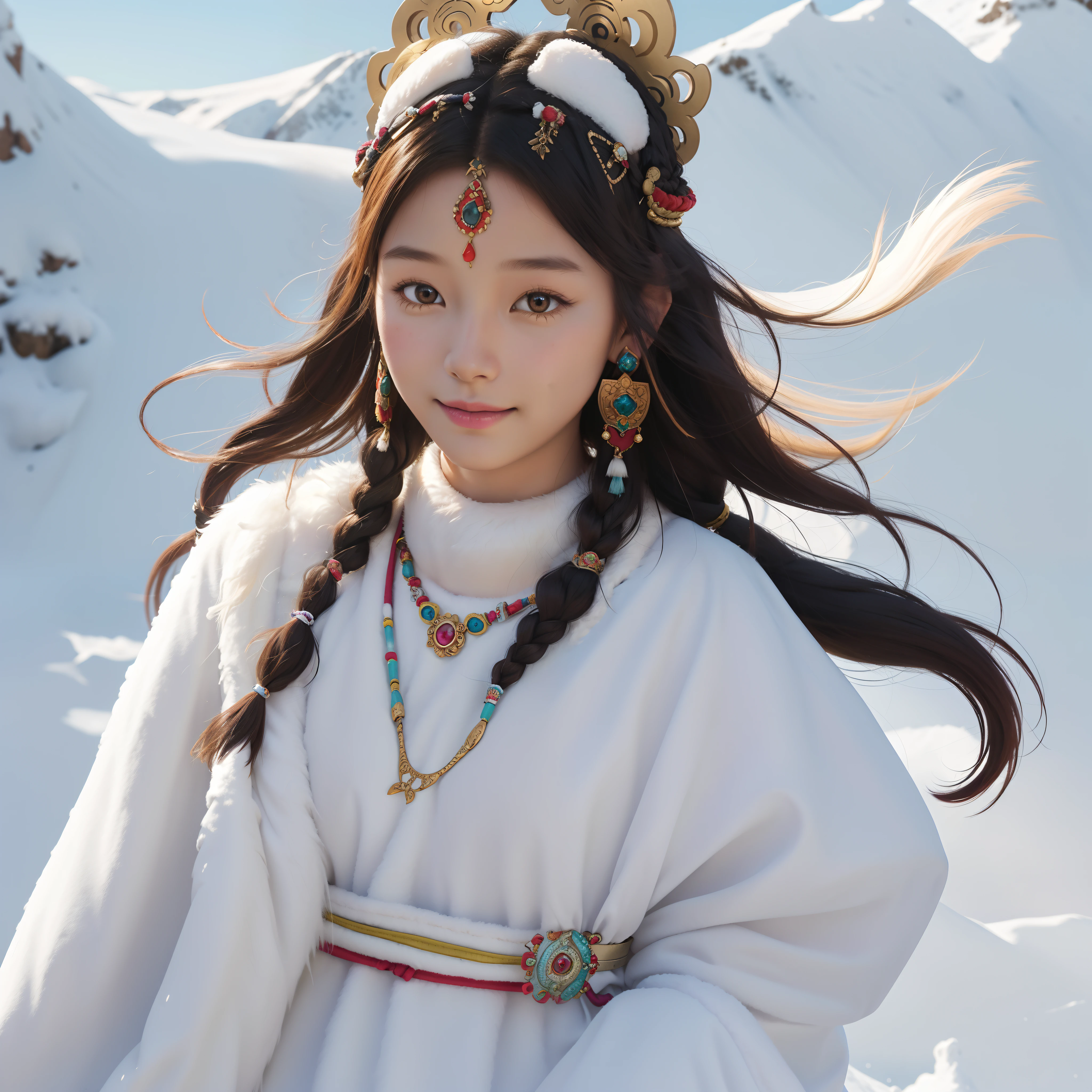 A girl, long braids, Tibetan girl, close-up, slightly raised, smile, left and right body photos, upper body, front photo, Tibetan clothing, colorful clothing, clothes with fluff, white fluff, high-end Tibetan clothing, cumbersome Tibetan clothing design, cold clothing, winter clothing, appearance Yang transcendence, round face shape, gorgeous Tibetan clothing, cumbersome Tibetan necklace, cumbersome Tibetan headdress, colorful headband, real person CG, sweet style, film style, HD 4K, photography effect, studio effect, white halo, Mythical wind, snowfield background, character core, picture ratio 16:9, mask fresh.