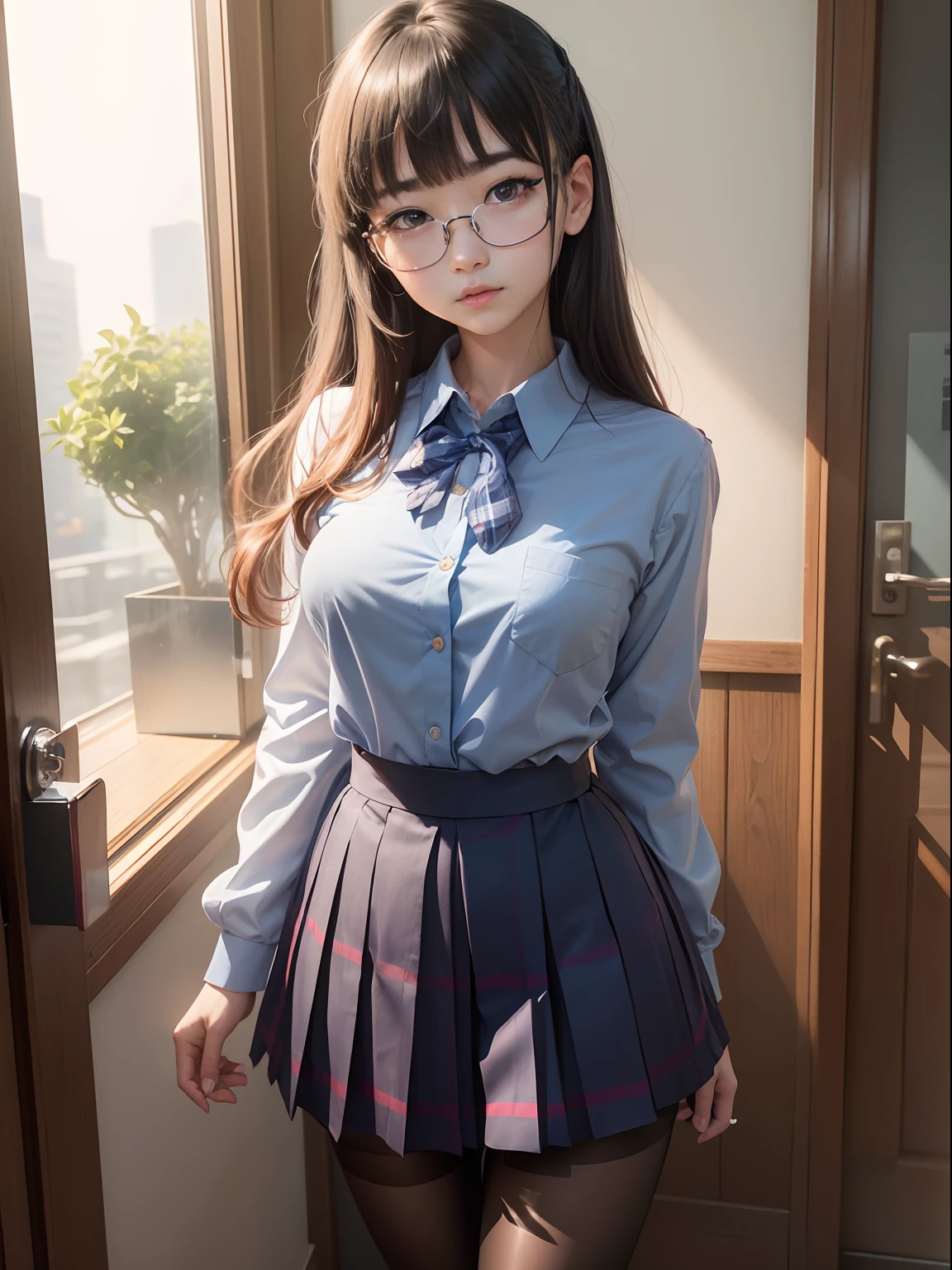 (8K、Raw photography、top-quality、masterpiece:1.2),watching at viewers,Looking at the front,side poneyTail,Bullish,Muchimuchi,Erotic,Pupils,Light Blue Bra,de pele branca,kne,(Black pantyhose),absurderes,a small face,small tits,flat breast,Parting the bangs from the middle、Forehead visible,(a cold expression,Tight eyes,glares,Bullish,skinny,Rasping,irate)、masterpiece,top-quality、超A high resolution,Raw photo,ren,Beautiful fece,One Person, 独奏,eye glass,,Dark look,Small breasts,fullllbody,Round glasses、cute little、Back to Student,JK school uniform,hi-school girl,A Japanese Lady,is standing,(Photorealsitic:1.37)、Photon mapping,Realistic、Cute little face,Brown-eyed、Black socks、(Red bow tie)、Radio City、Physically Based Rendering、Foreground、depth of fields、Blurry background、a picture,The girls、Body,beauty legs, Long legs, Thin leg,Tie your hair into one strand on your chest,(Bangs are visible), hair, s lips, Blue_The eye, nosesoft,(Light blue shirt), (Navy and blue and white plaid pleated skirt), Knees are visible,Sheer clothing,, Thigh, Black cotton socks,Nogizaka Idol, 女優, Japanese ido