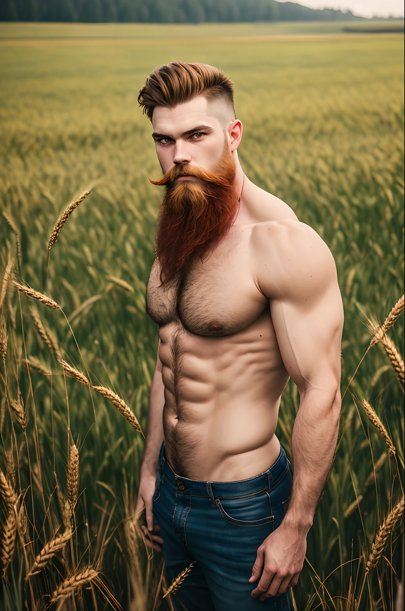 there is a man with a beard standing in a field, in a field, in the middle of a field, neckbeard, in a wheat field, attractive beefy man, in field high resolution, red beard, in a open green field, technoviking male with no shirt, in a grassy field, environmental portrait, photography alexey gurylev