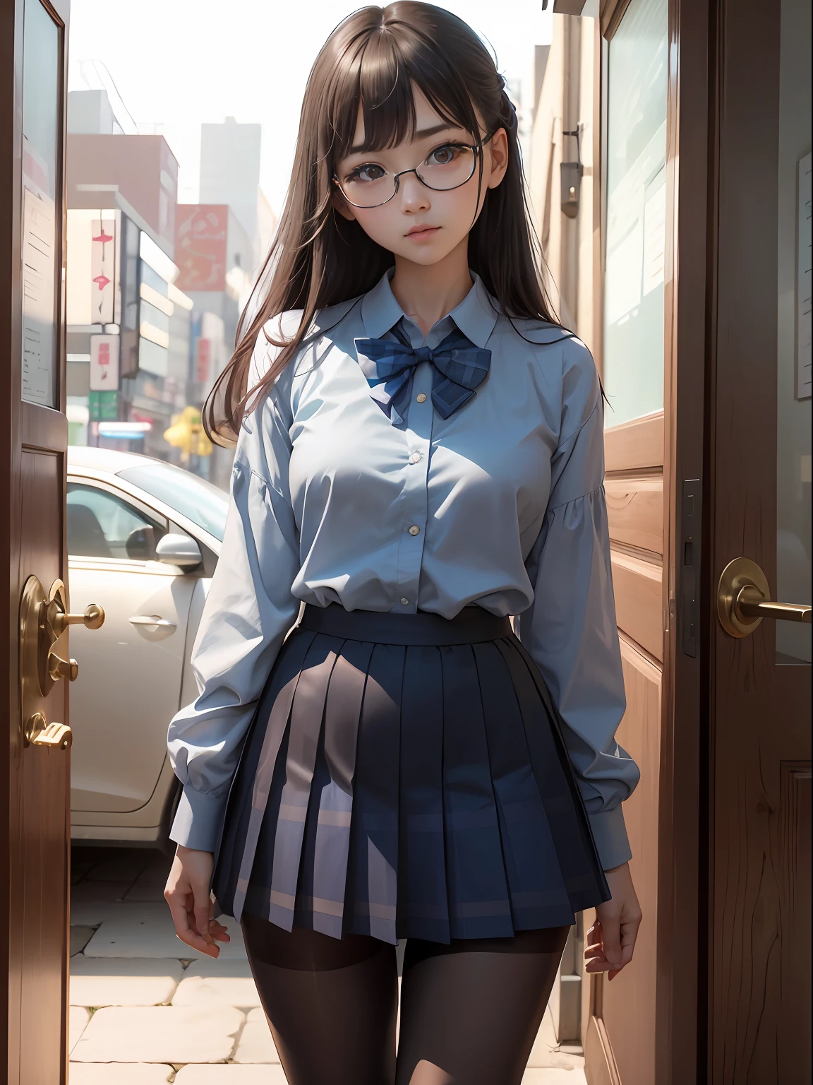 (8K、Raw photography、top-quality、masterpiece:1.2),watching at viewers,Looking at the front,side poneyTail,Bullish,Muchimuchi,Erotic,Pupils,Light Blue Bra,de pele branca,kne,(Black pantyhose),absurderes,a small face,small tits,flat breast,Parting the bangs from the middle、Forehead visible,(a cold expression,Tight eyes,glares,Bullish,skinny,Rasping,irate)、masterpiece,top-quality、超A high resolution,Raw photo,ren,Beautiful fece,One Person, 独奏,eye glass,,Dark look,Small breasts,fullllbody,Round glasses、cute little、Back to Student,JK school uniform,hi-school girl,A Japanese Lady,is standing,(Photorealsitic:1.37)、Photon mapping,Realistic、Cute little face,Brown-eyed、Black socks、(Red bow tie)、Radio City、Physically Based Rendering、Foreground、depth of fields、Blurry background、a picture,The girls、Body,beauty legs, Long legs, Thin leg,Tie your hair into one strand on your chest,(Bangs are visible), hair, s lips, Blue_The eye, nosesoft,(Light blue shirt), (Navy and blue and white plaid pleated skirt), Knees are visible,Sheer clothing,, Thigh, Black cotton socks,Nogizaka Idol, 女優, Japanese ido