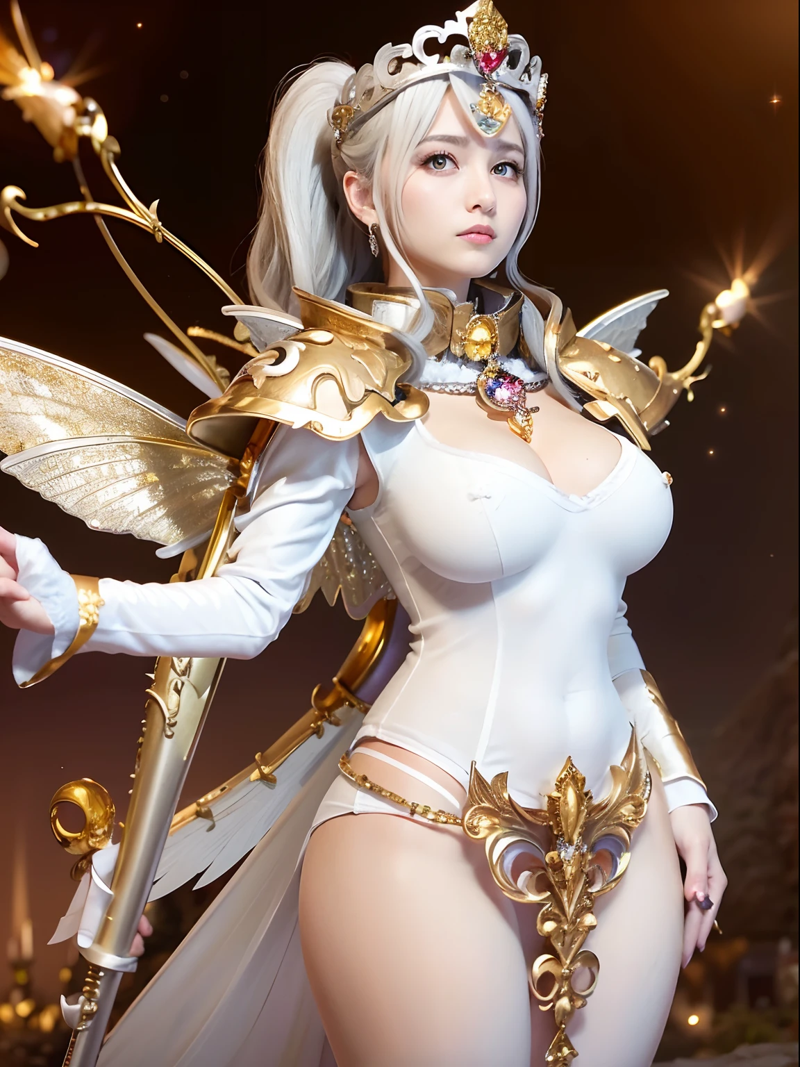 (masutepiece), Professional , ​masterpiece、top-quality、photos realistic , depth of fields （Gemstone Silver Metal Body:1.９),(Matte White、Jewel Gold Weapon、（Gorgeous castle background）、（ultimate beauty girl）、（Fairy wings grow on her back）、（Jewel Metal Body:1.９),Gorgeous Jewel Metal Weapons , Detailed Sword of the Brave ,（ a blond）   ,warhammer 40k , adepta sororitas,Detail and ornate jewel crown、独奏、Brown hair、（Gangle's forest background）、Beautiful Caucasian beauty、１a person、dynamic ungle,(((Diamond tiara with detail and luxury)))、a small face、Powerful poses、（Gorgeous castle background）、huge filesize、20 year old beautiful woman、Stand in the center of the screen、Thin female fingers、Straight long hair、Beautiful Caucasian beauty、cleavage of the breast、