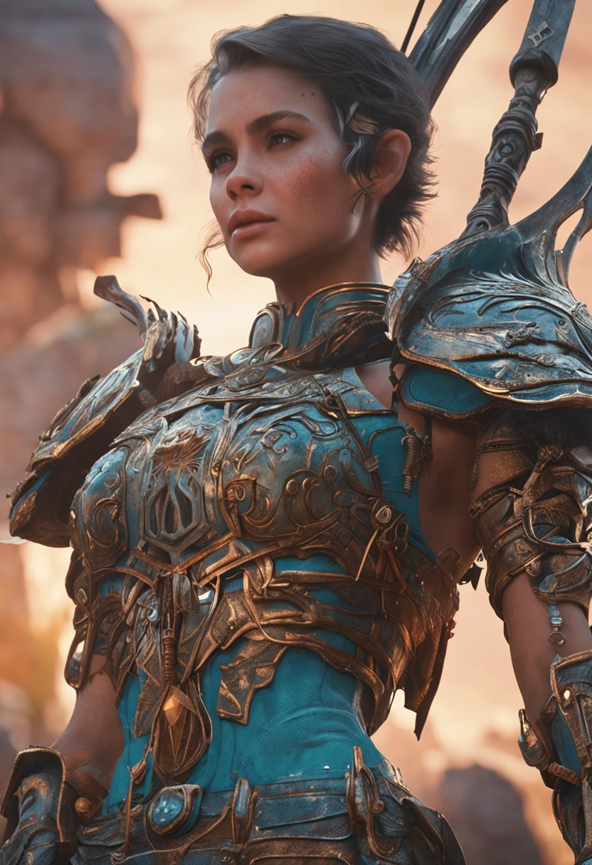 a detailed warrior girl with giant armor full of details and ornaments,beautiful girl with very short hair