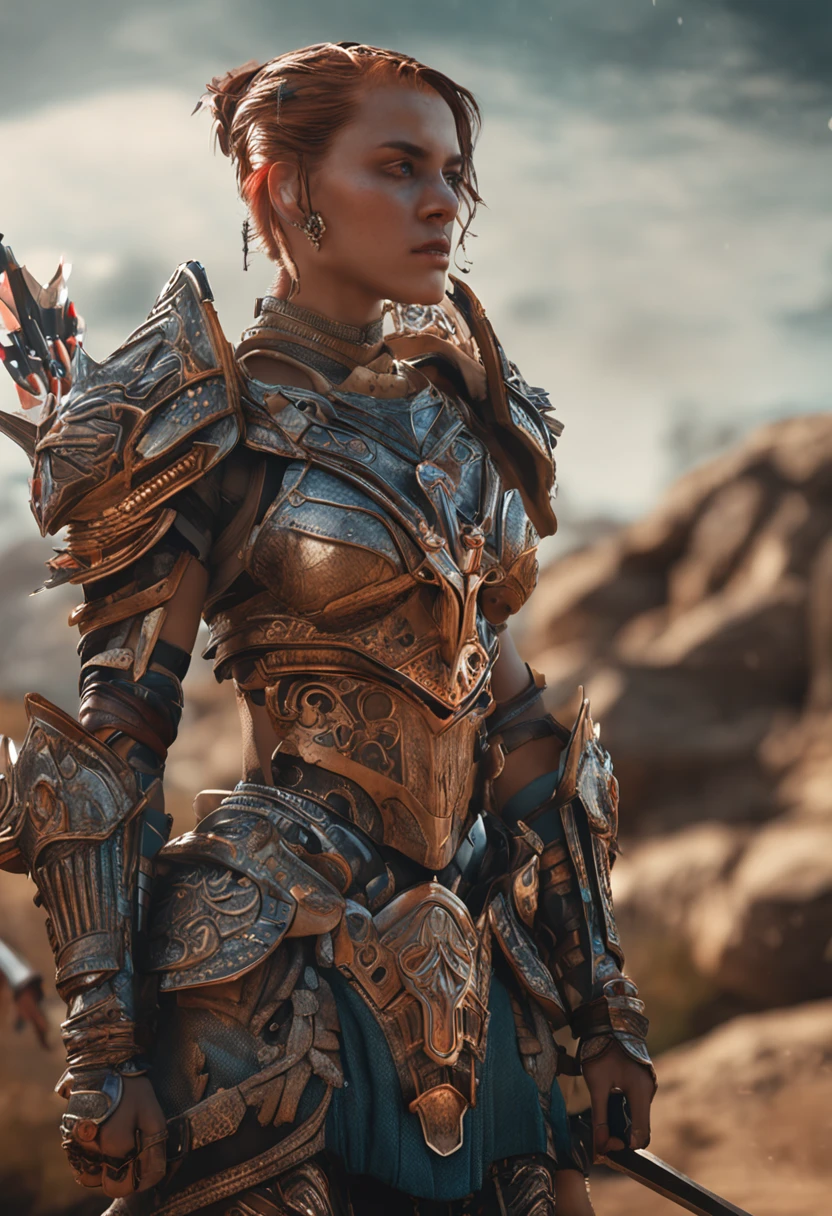 a detailed warrior girl with giant armor full of details and ornaments,beautiful girl with very short hair