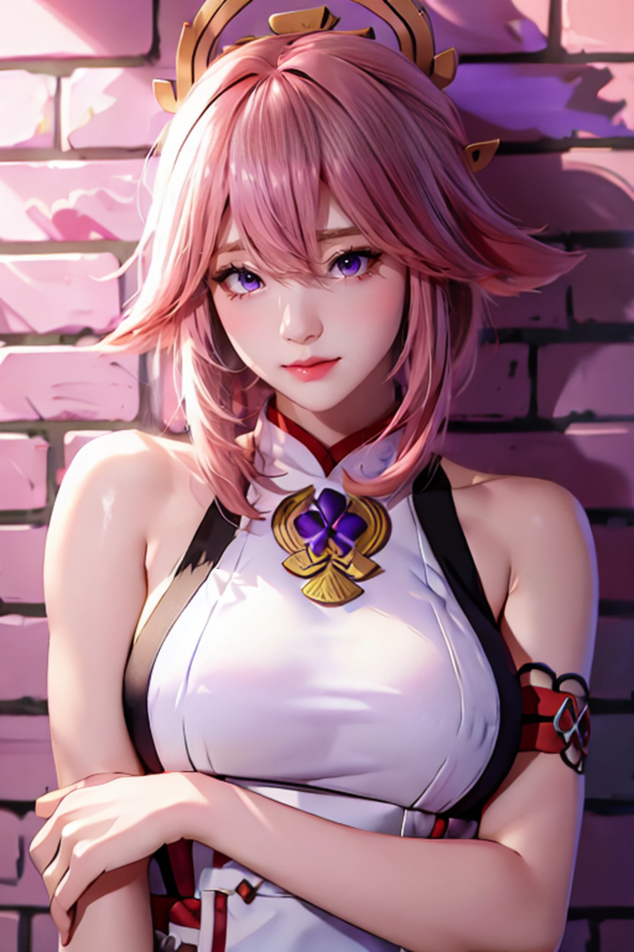 best quality, upper body,intricate details, chromatic aberration,1girl,bangs,pink hair,ganyu,qipao Yao miku,sleeveless,hair between eyes,(looking at viewer:1.2),purple eyes,white dress,cosplay,yae miko \(genshin impact\),thick body,yae miko,purple eyes,sharp eyes,against wall, brick wall, graffiti, dim lighting, front view, alley