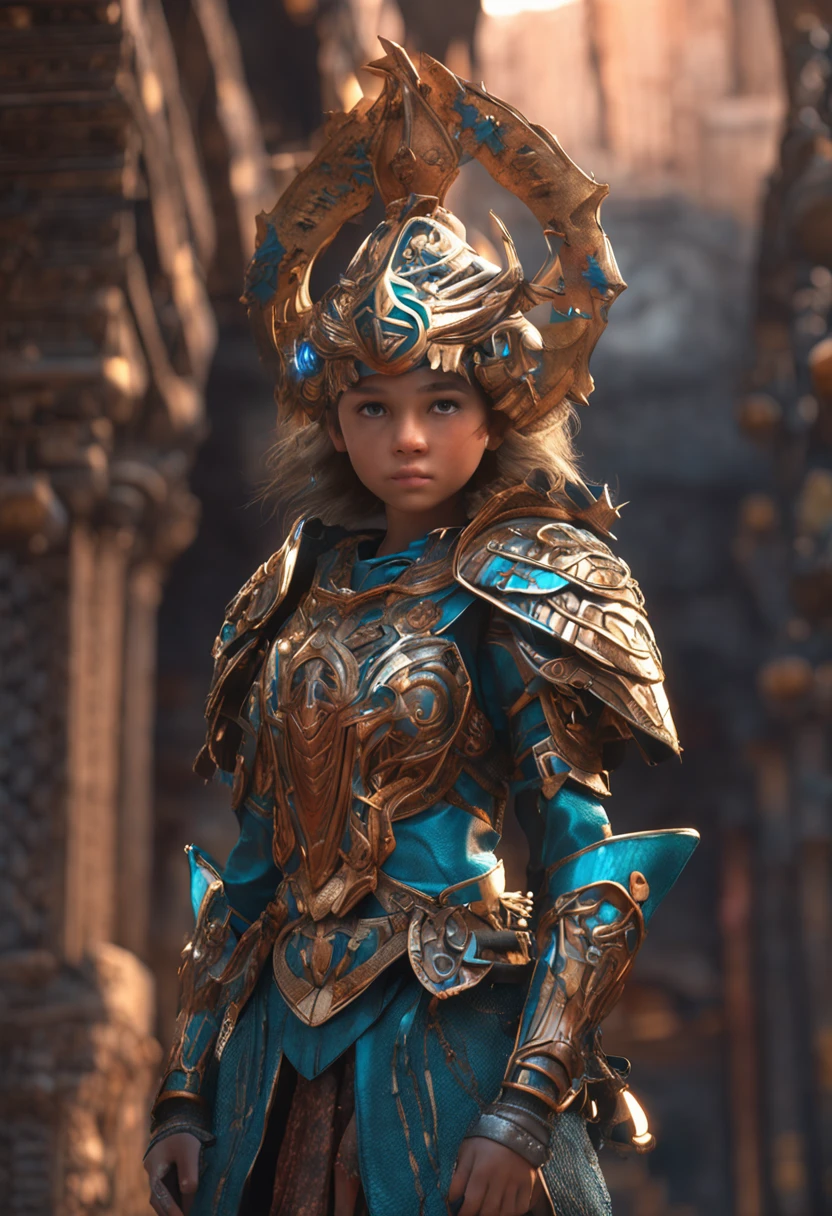 a detailed warrior girl with giant armor full of details and ornaments,beautiful girl with very short hair