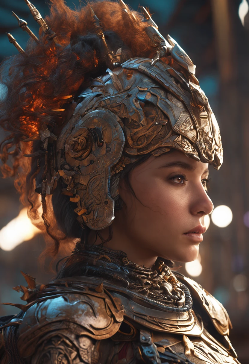 a detailed warrior girl with giant armor full of details and ornaments,beautiful girl with very short hair