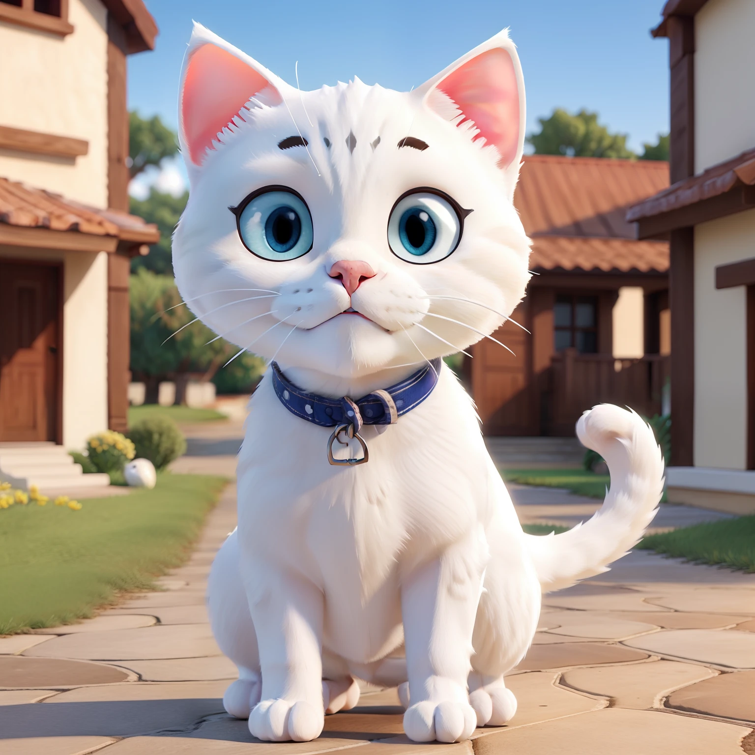 A white cat, 3d , realistic, detailed, detail body and face, While looking at the camera, outdoor