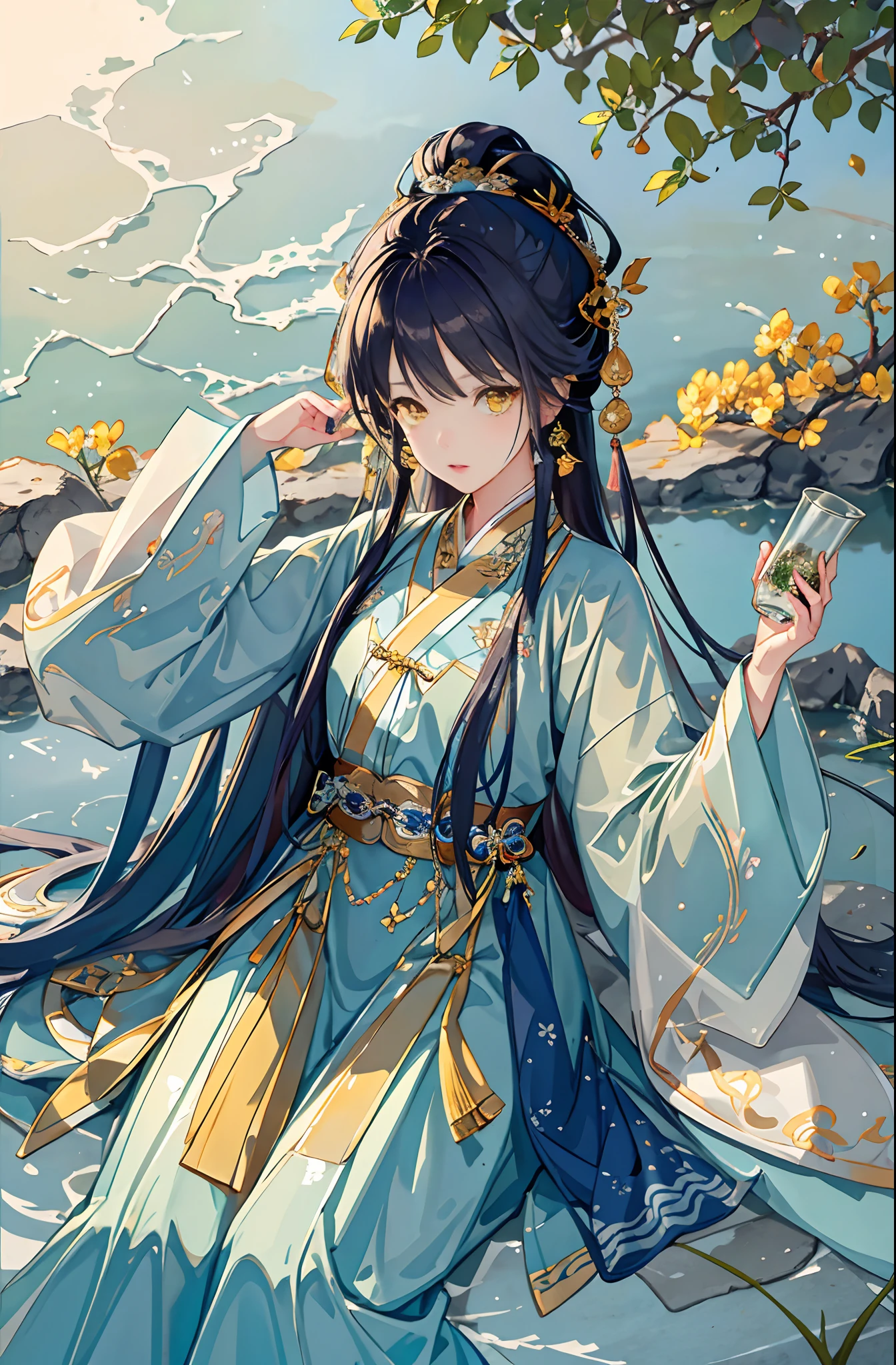 Best quality at best，Complicated details，A high resolution，（beautiful detailed  water：1.4），（Hanfu，Tang Feng），Yellow eyes，（Girl in a glass jar：1.1），drinking milktea