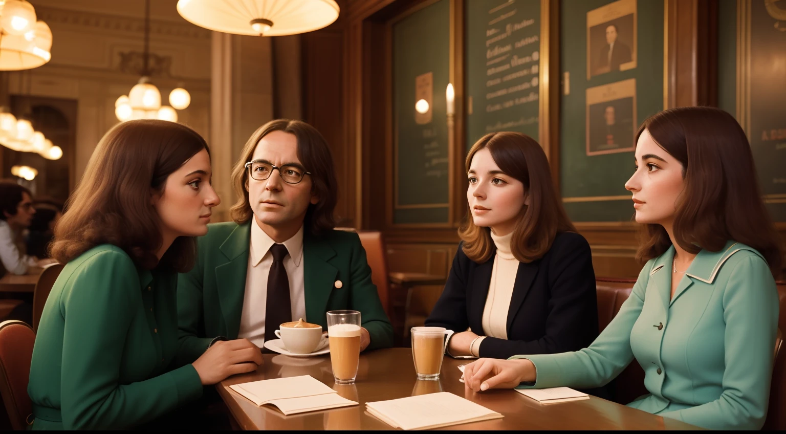 Date: 1974
Country: France
Description: In a Parisian café, intellectuals engage in lively debates about existentialism and social change, reflecting the philosophical discussions of the time.